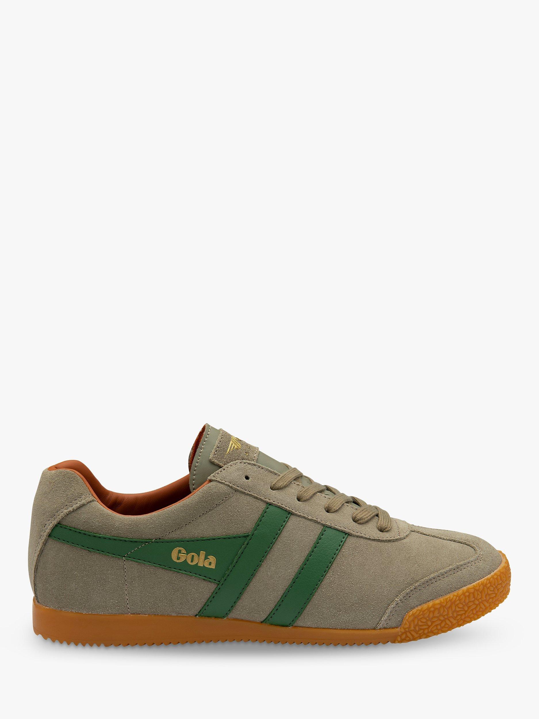 Product image 1 of 5, which shows Gola Classics Harrier Suede Lace Up Trainers, Rhino/Evergreen/Orange, 6