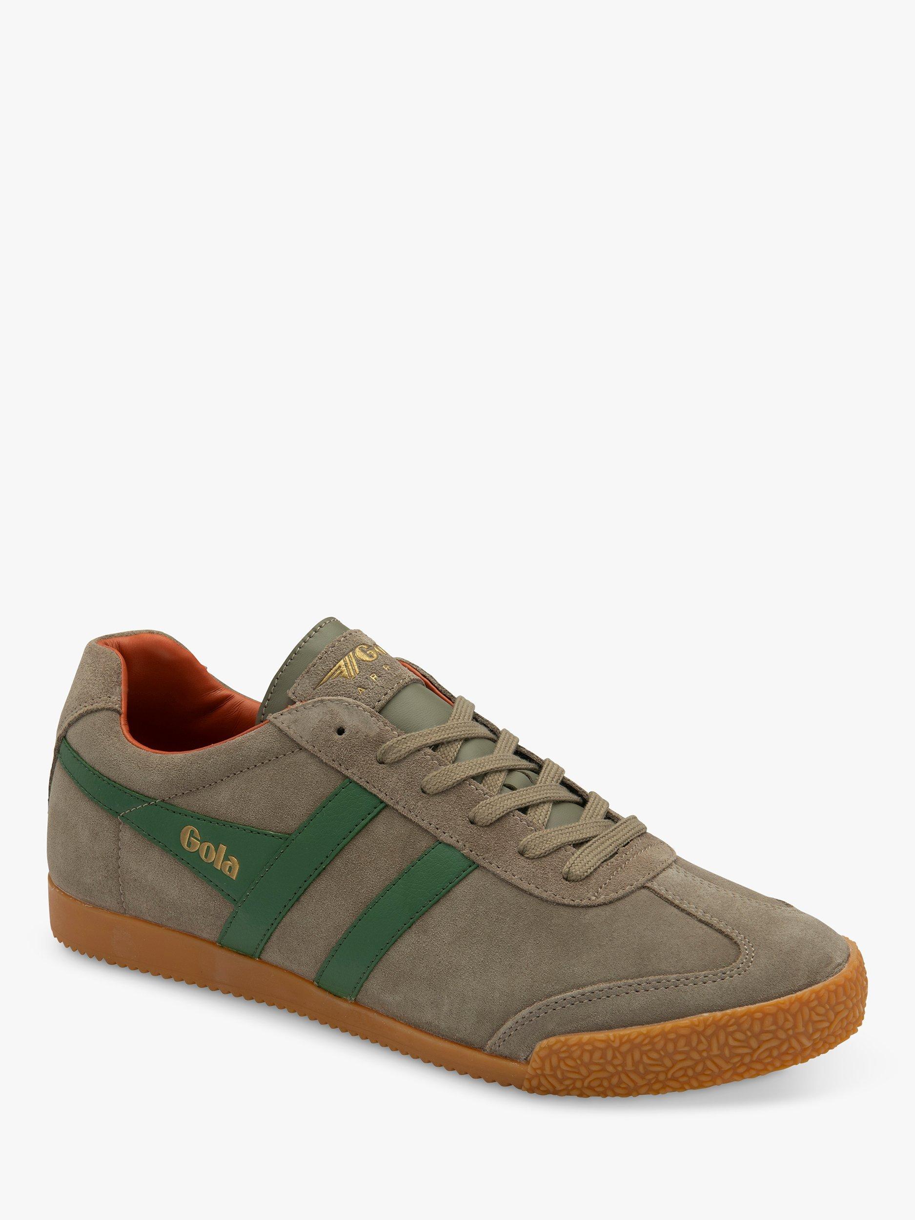 Product image 2 of 5, which shows Gola Classics Harrier Suede Lace Up Trainers, Rhino/Evergreen/Orange, 6