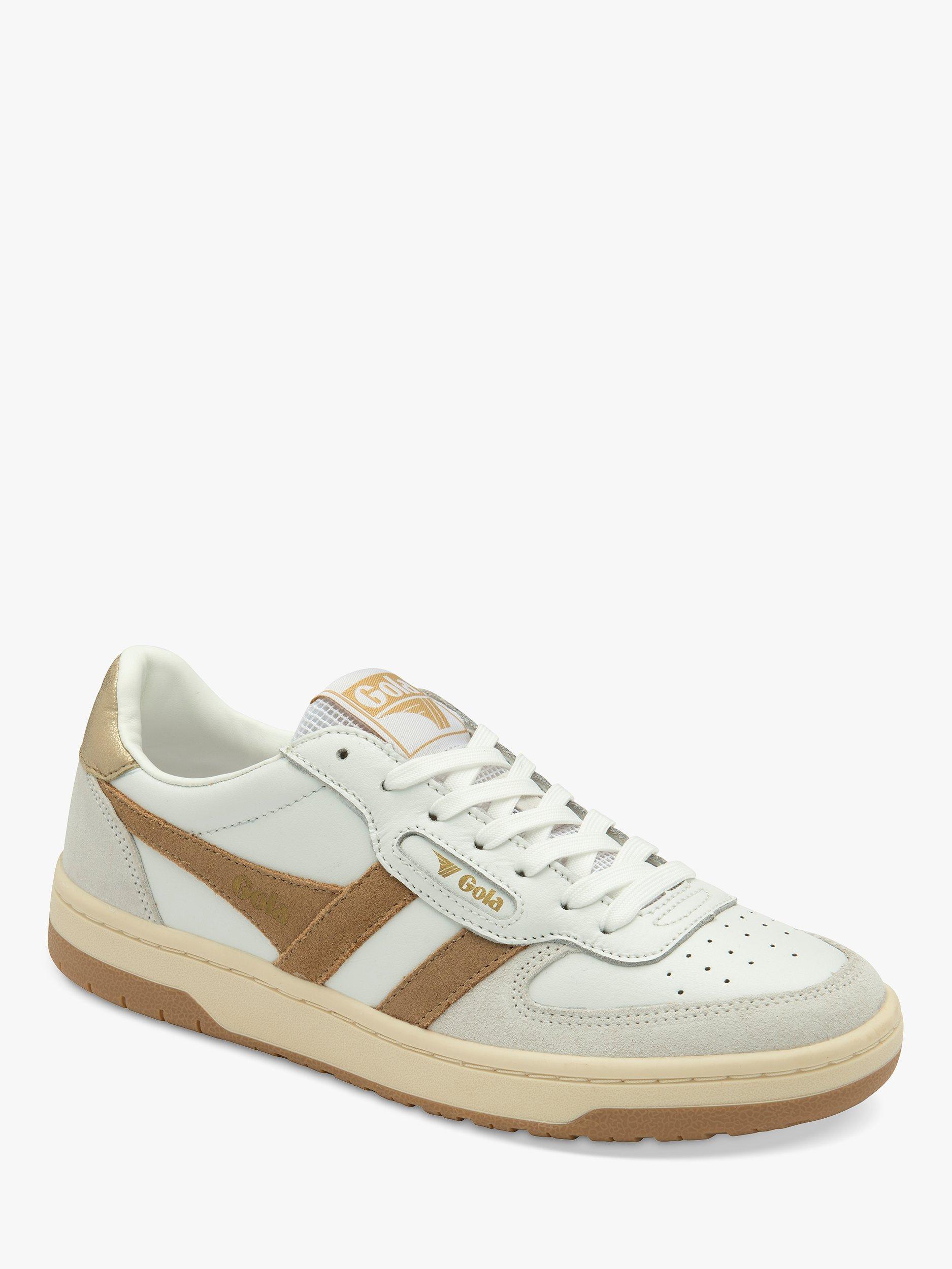Product image 2 of 5, which shows Gola Classics Hawk Leather Lace Up Trainers, White/Caramel/Gold, 7