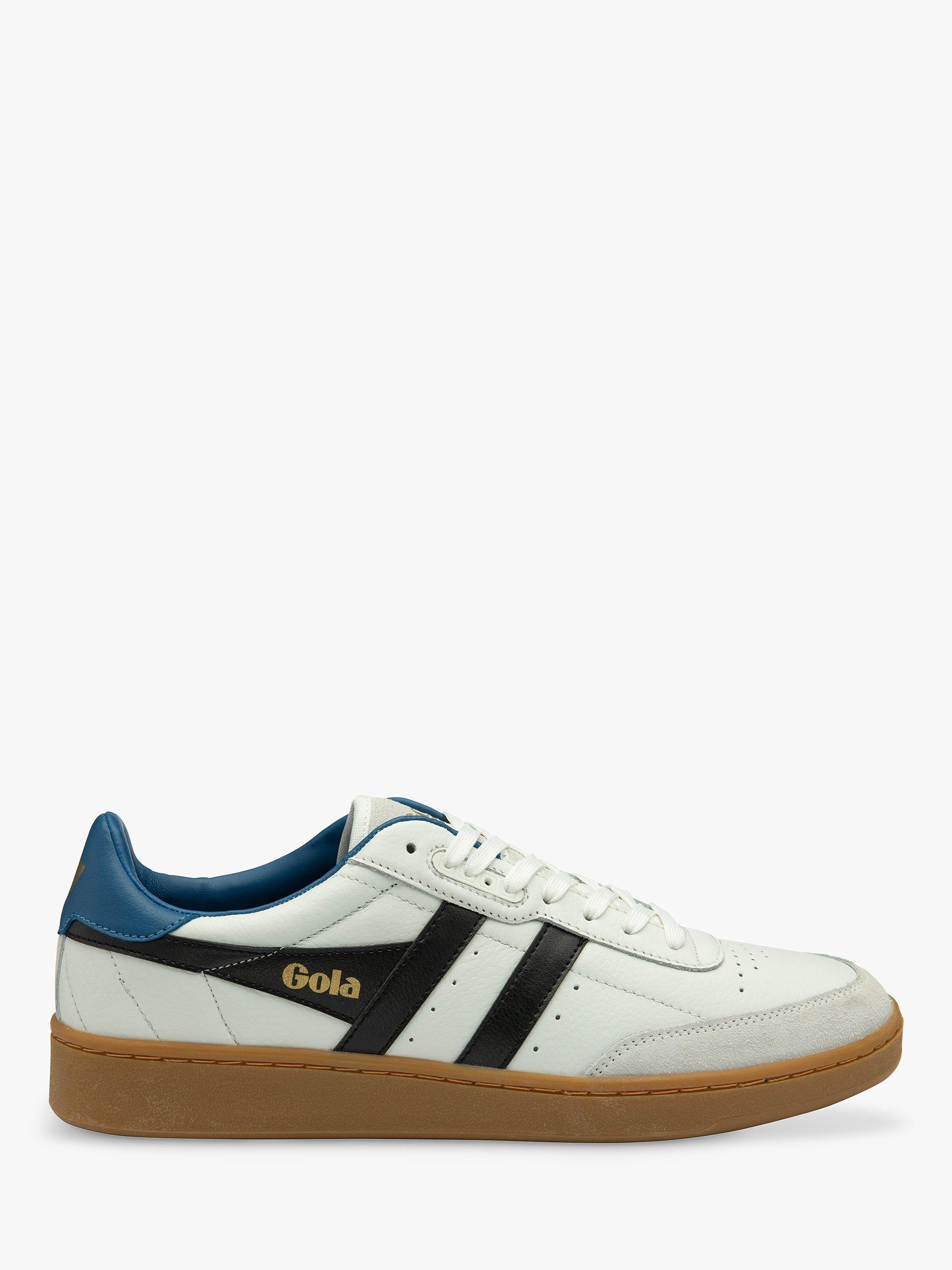 Product image 1 of 5, which shows Gola Classics Contact Leather Lace Up Trainers, White/Black/Blue/Gum, 11