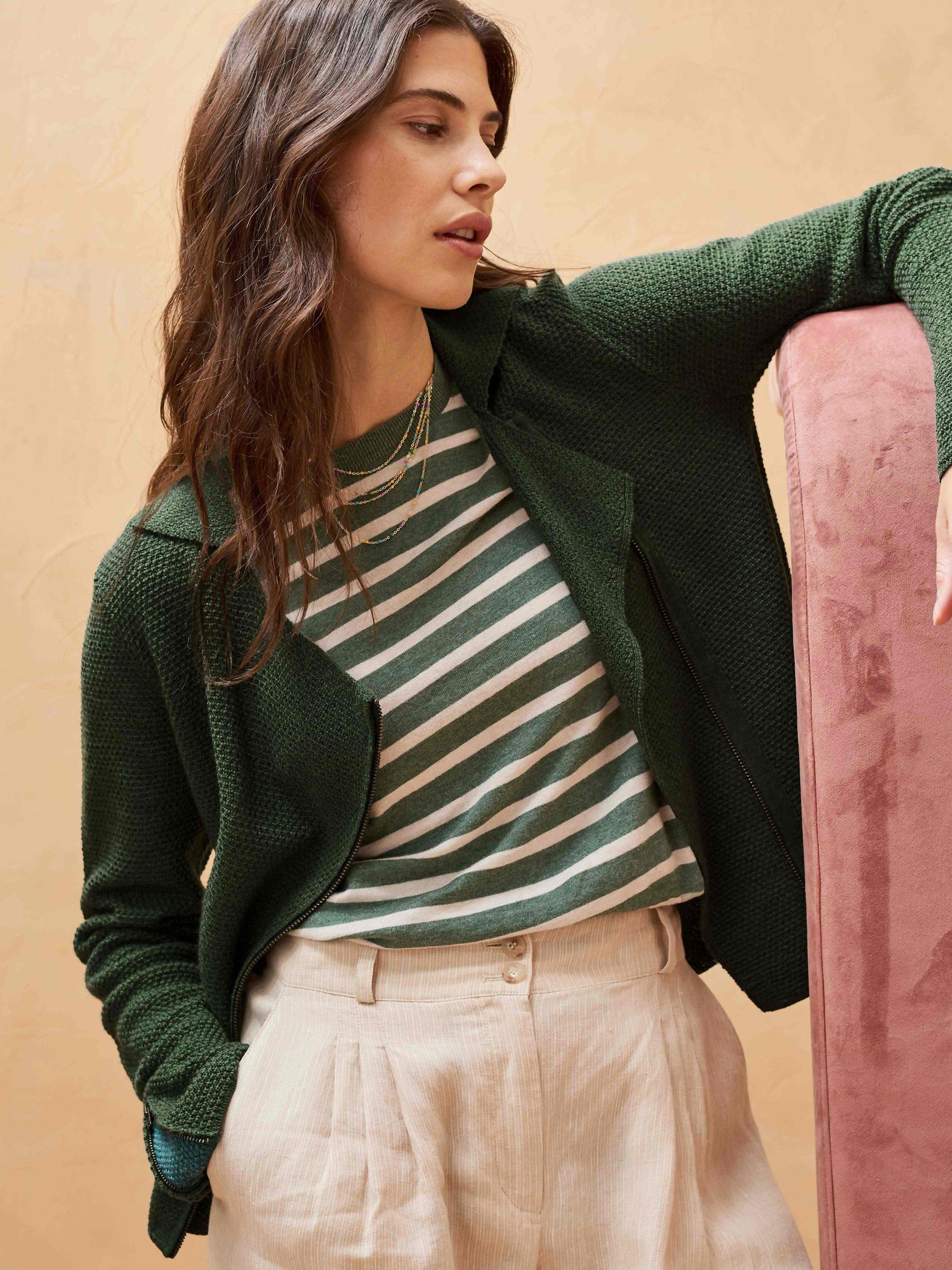 Brora Merino Wool Textured Knit Biker Jacket, Thyme