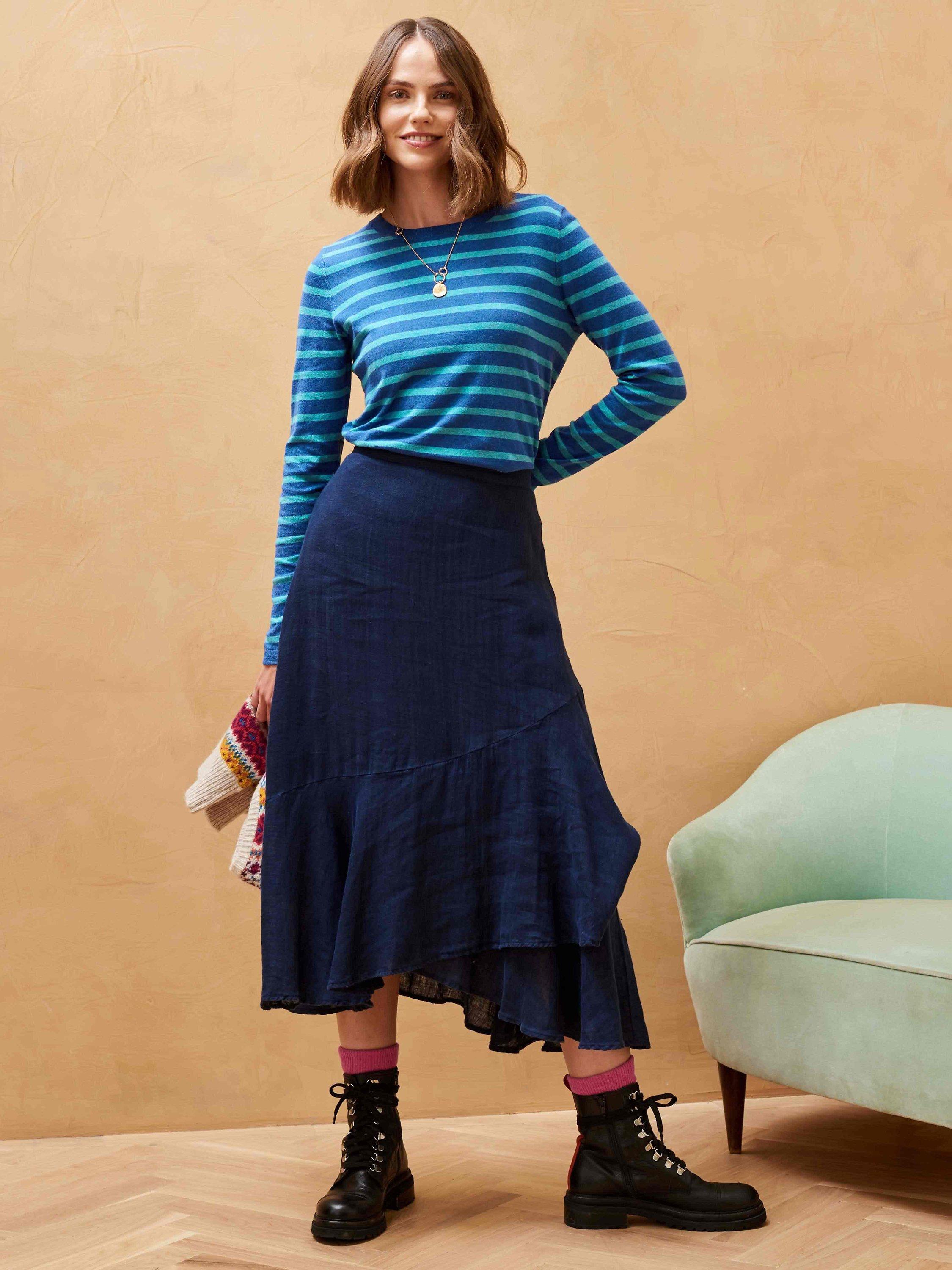 Brora Cotton Knit Stripe Long Sleeve T-Shirt, Lapis/Aquamarine