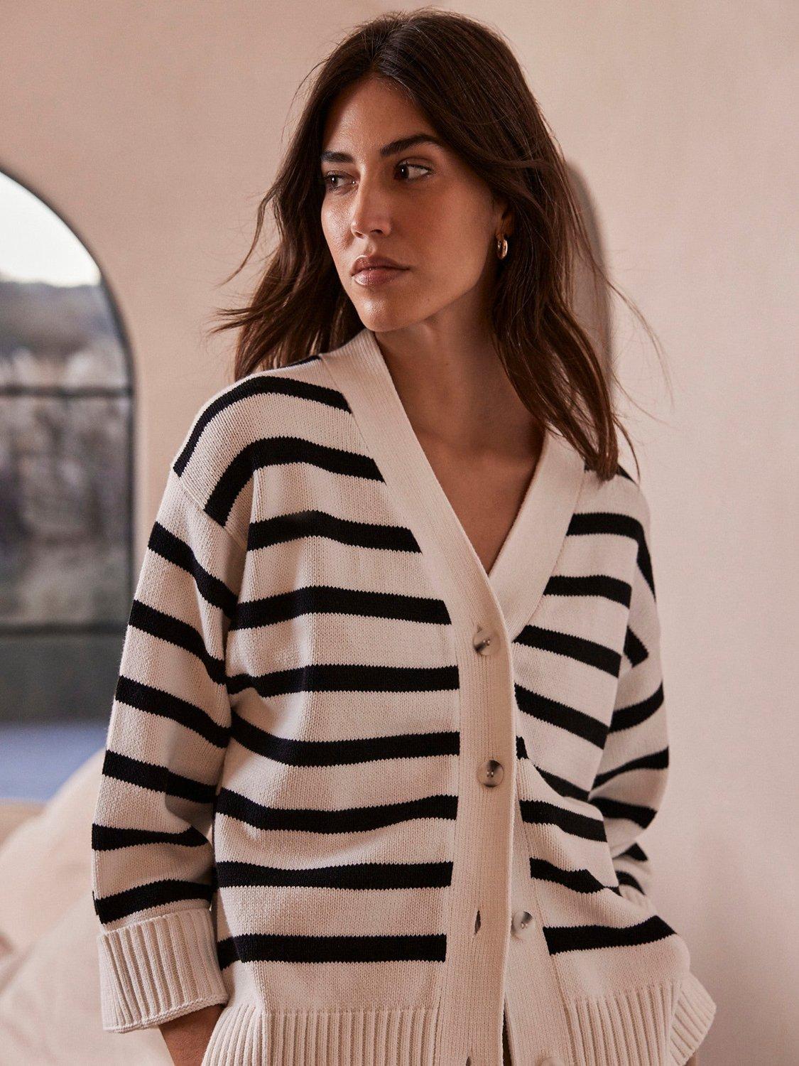 Mint Velvet Boxy Stripe V Neck Cardigan, Ivory/Navy