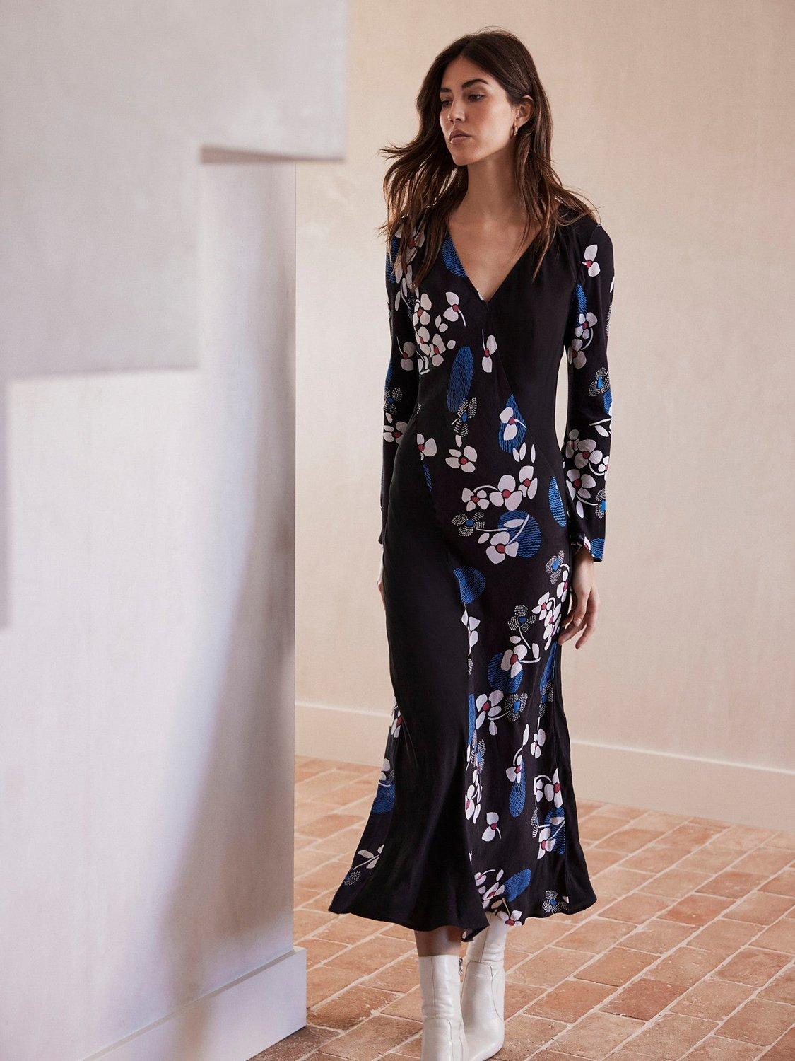 Mint Velvet Floral Midi Dress, Black/Multi