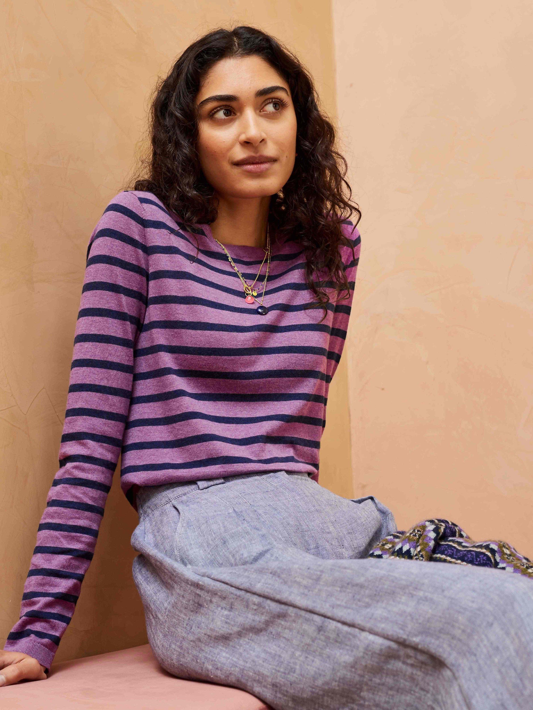 Brora Cotton Knit Stripe Long Sleeve T-Shirt, Heather/Navy