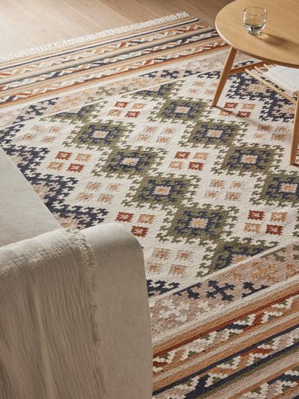 John Lewis Fusion Souk Flatweave Wool Rich Rug, Green/Multi - view 2, Green/Multi