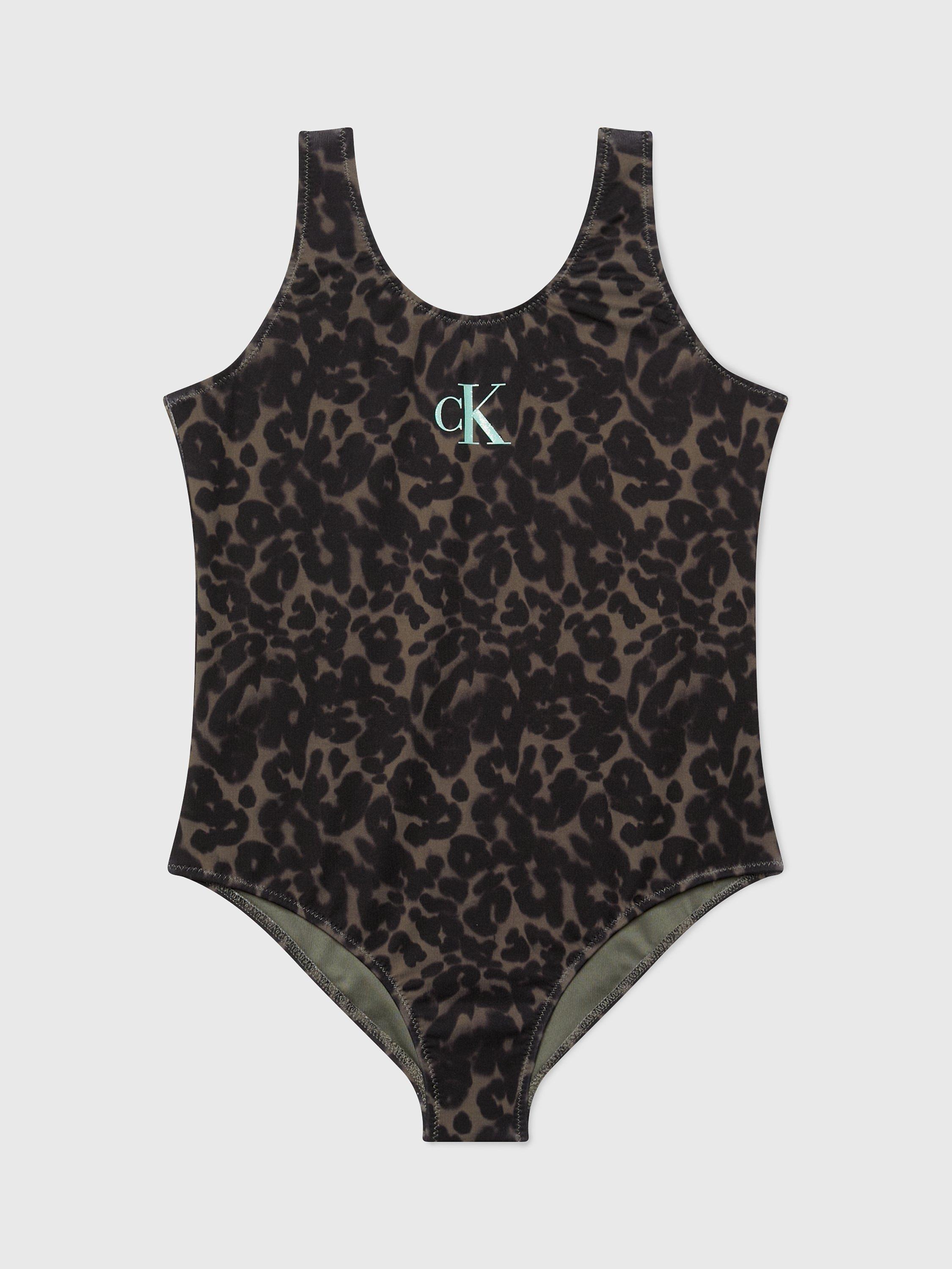 Calvin Klein Kids' CK Animal Print Swimsuit, Leopard Olive