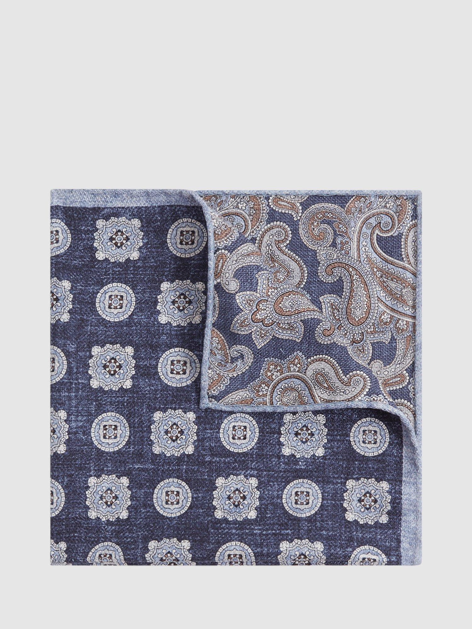 Reiss Tindari Medallion Print Reversible Silk Handkerchief, Indigo Melange