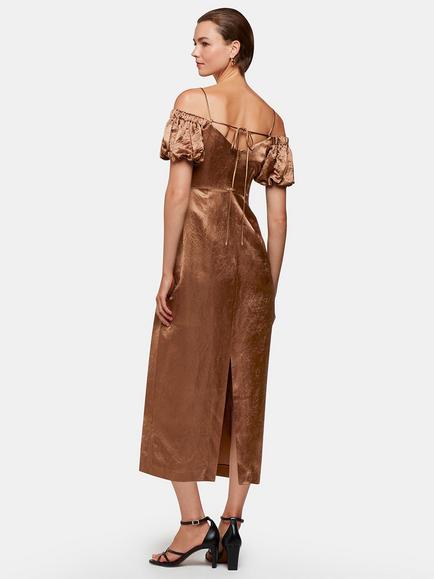 Whistles Faye Satin Bardot Midi Dress - view 2, Bronze