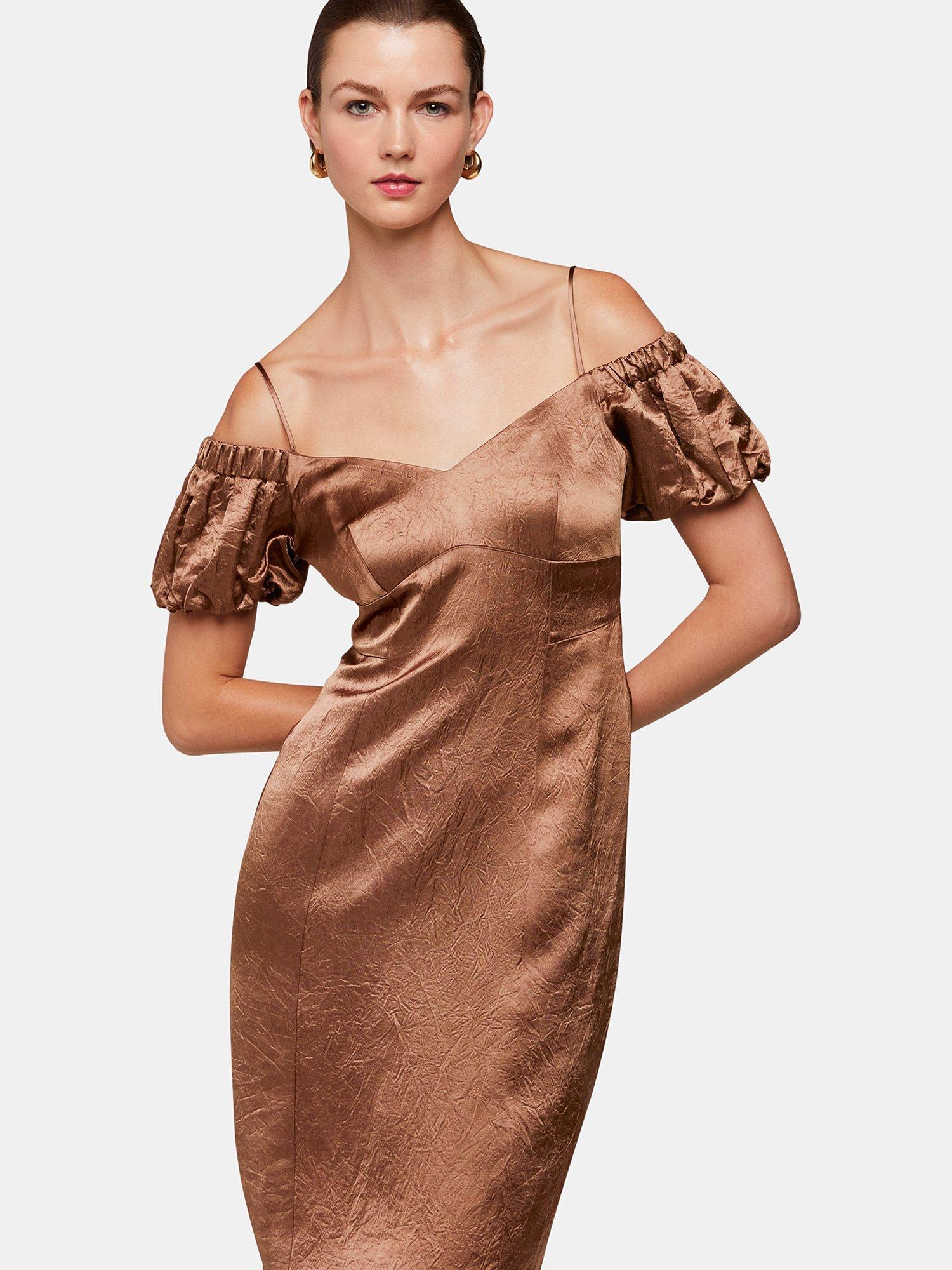 Whistles Faye Satin Bardot Midi Dress, Bronze, 10