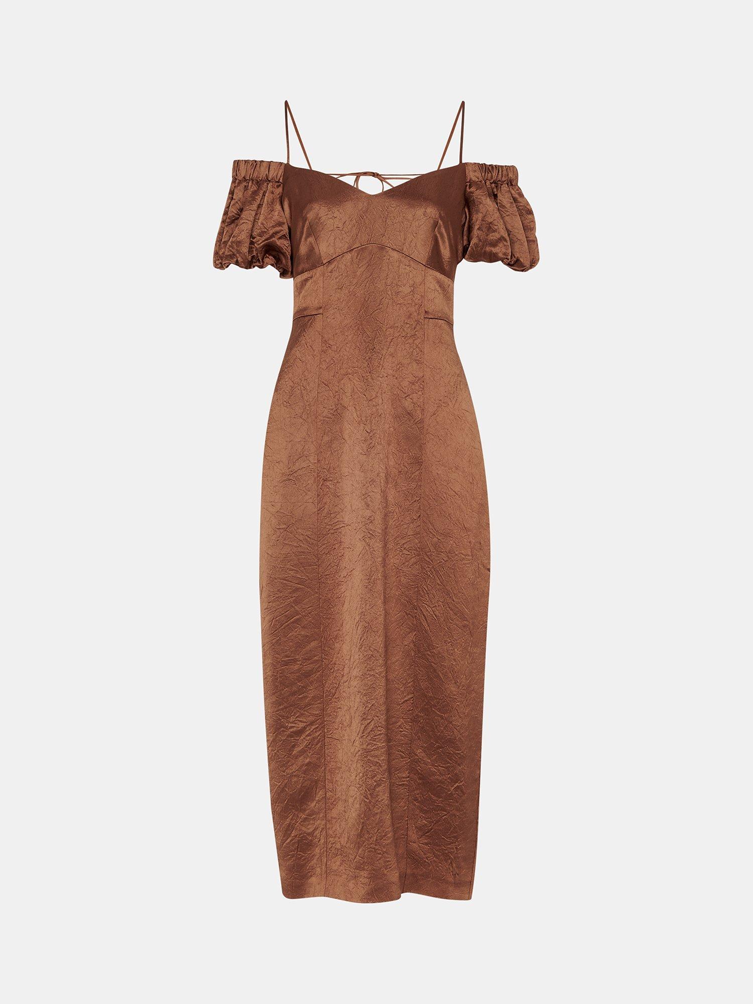 Whistles Faye Satin Bardot Midi Dress, Bronze, 10