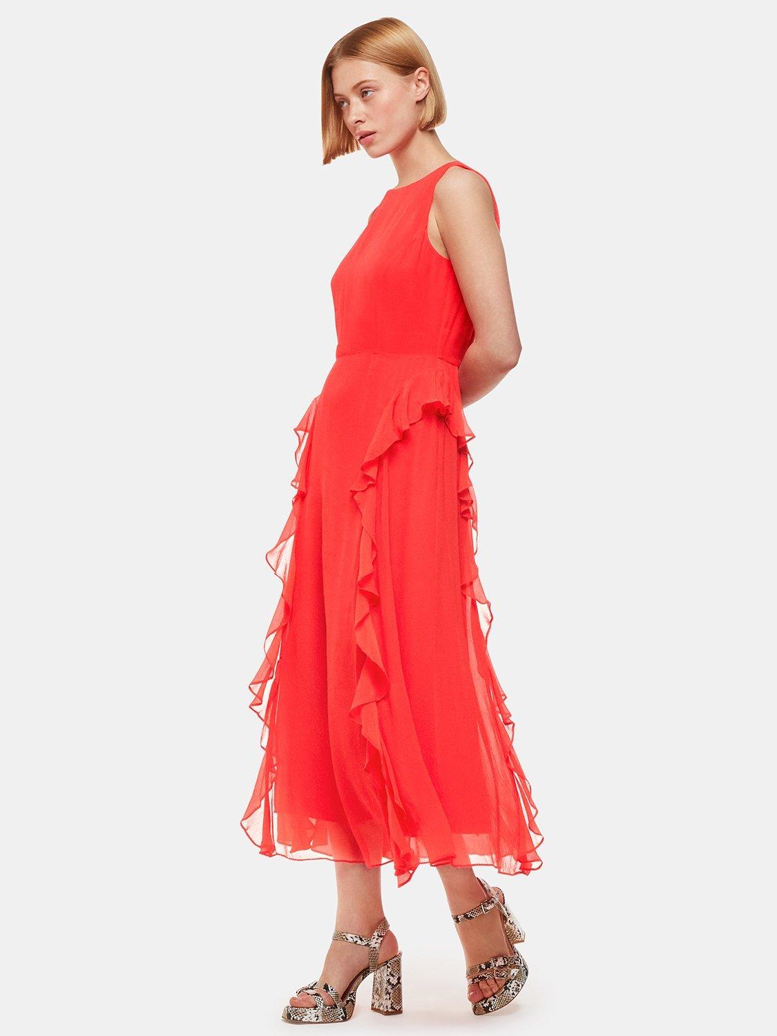 Product image 3 of 5, which shows Whistles Nellie Frill Detail Midi Dress, Red, 6
