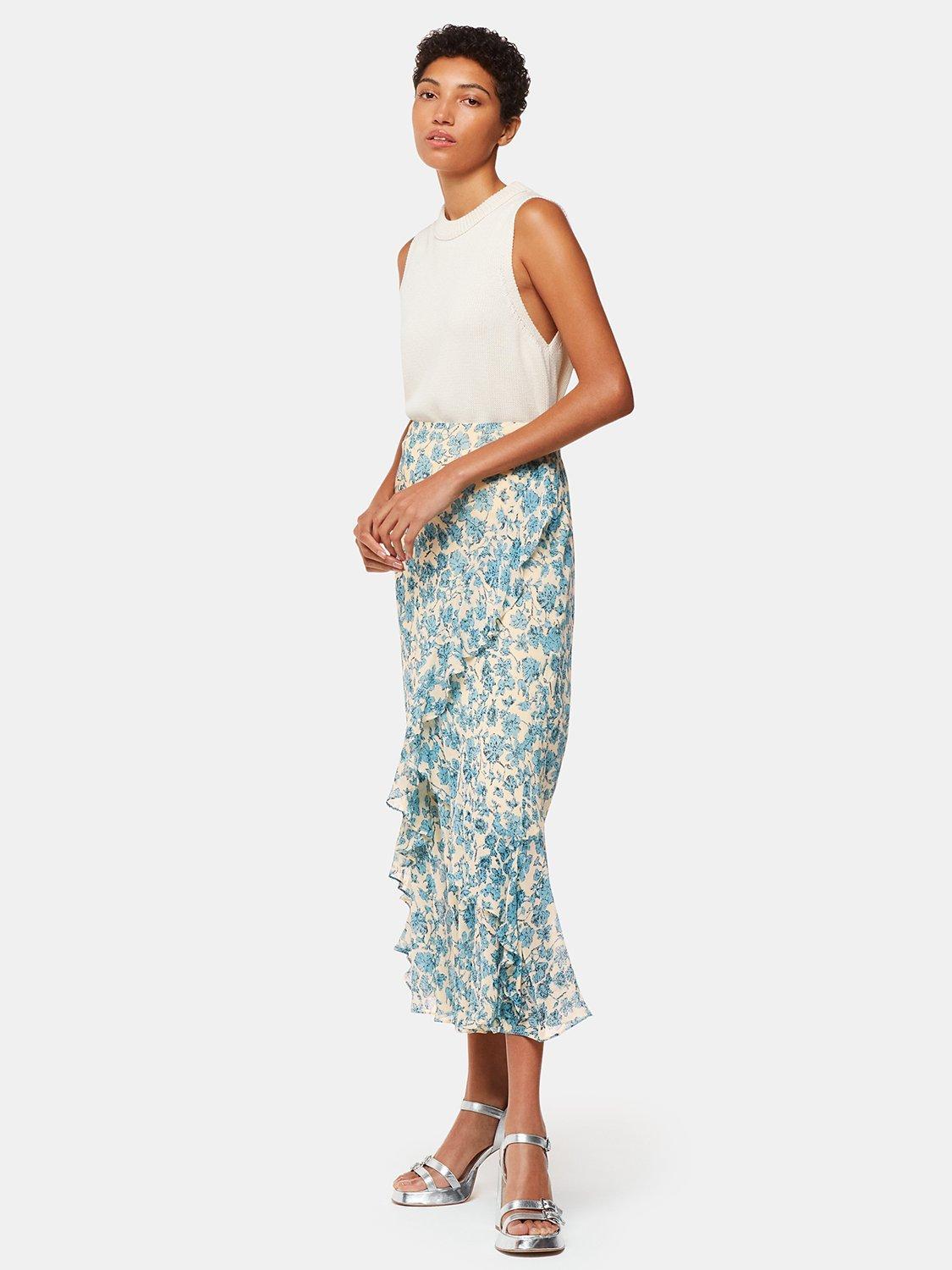 Product image 1 of 5, which shows Whistles Shaded Floral Midi Skirt, Blue/Multi, 14