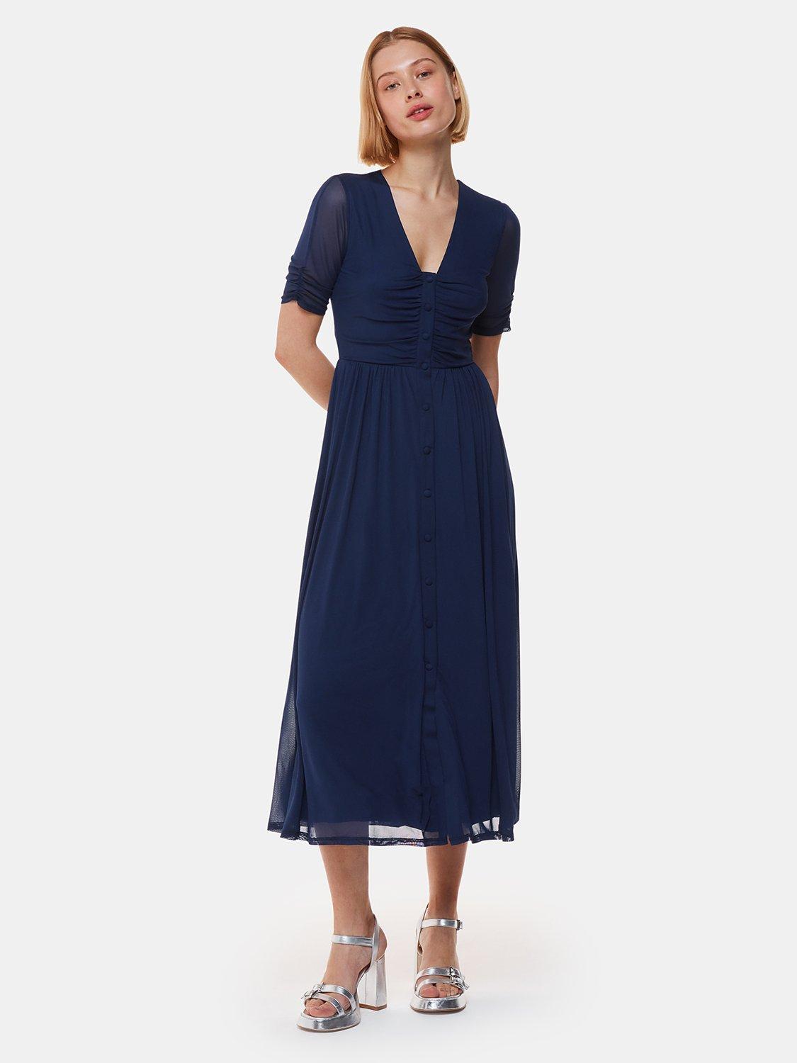 Whistles Anneliese Button Front Mesh Midi Dress Navy
