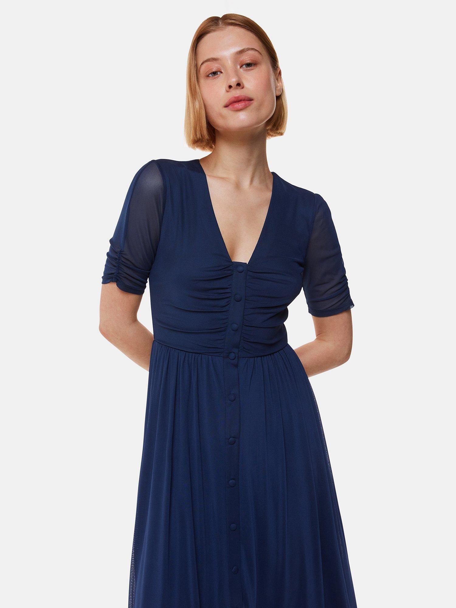 Whistles Anneliese Button Front Mesh Midi Dress, Navy, 6