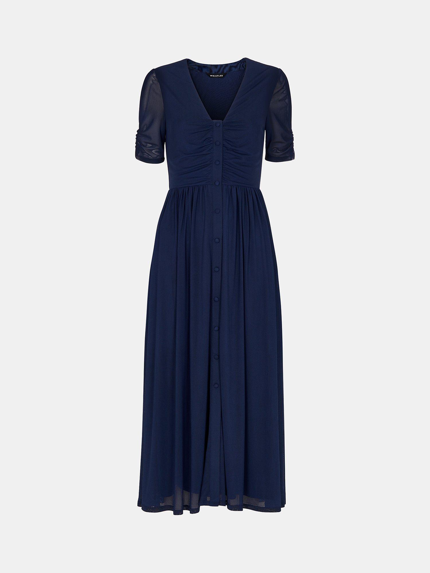 Whistles Anneliese Button Front Mesh Midi Dress, Navy, 6