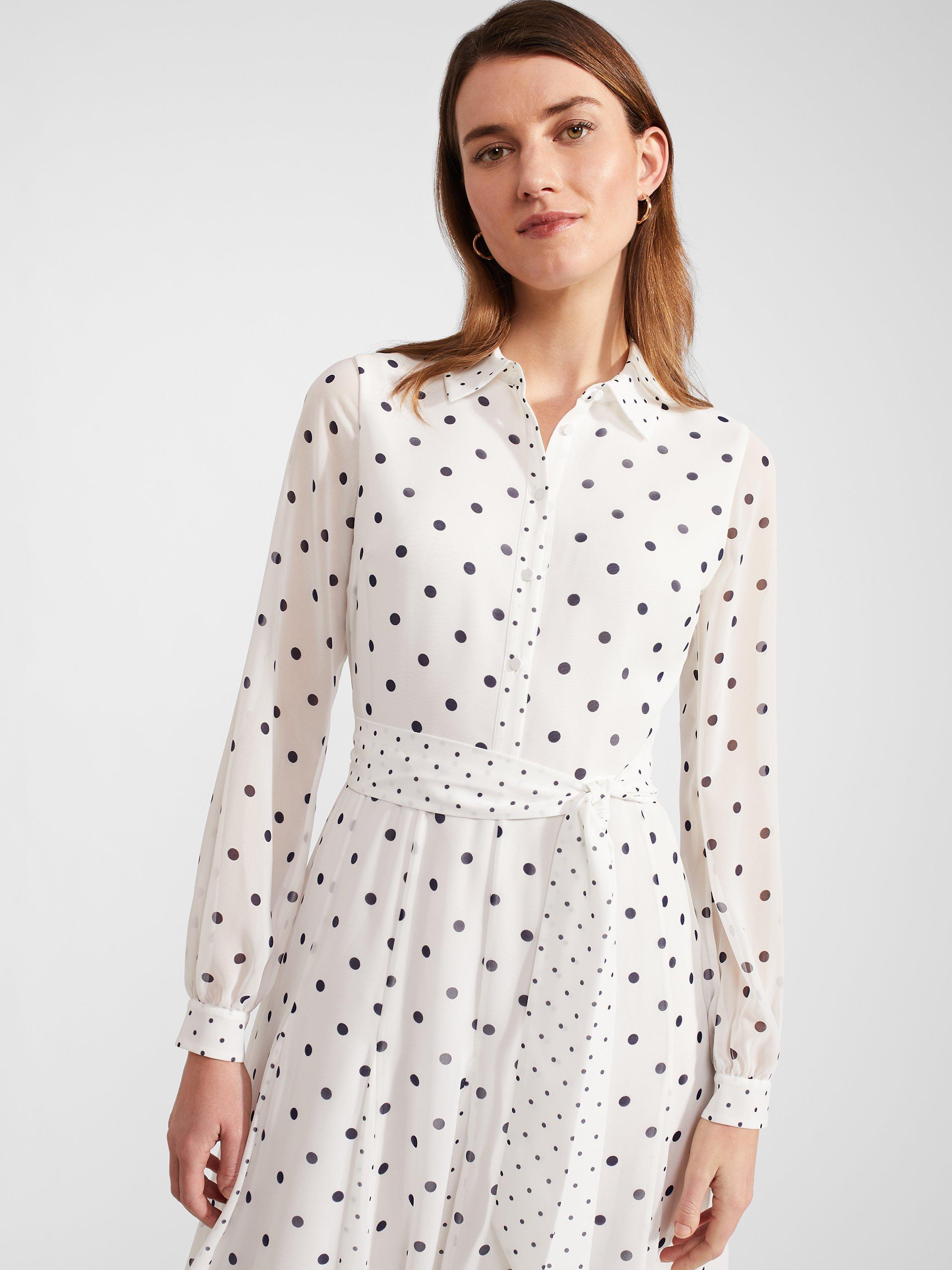 Hobbs Lucilla Polka Dot Midi Shirt Dress Ivory Navy