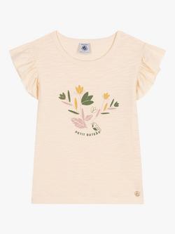 Petit Bateau Kids' Floral Print Slub Frill Sleeve T-Shirt, Avalanche, Avalanche
