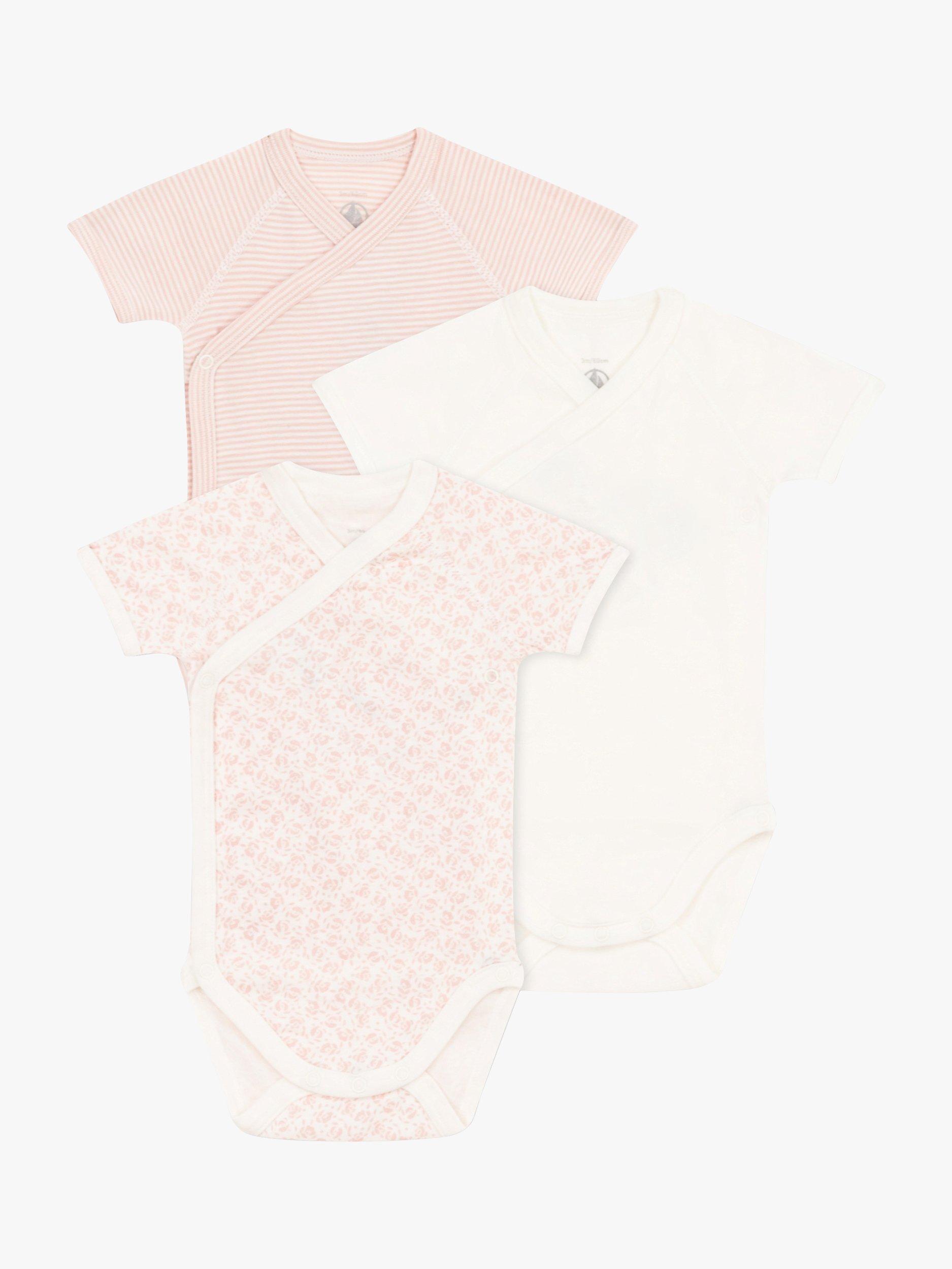 Product image 1 of 3, which shows Petit Bateau Baby Floral & Stripe Wrapover Short Sleeve Bodysuits, Pack of 3, Pink/Multi, 0-1M