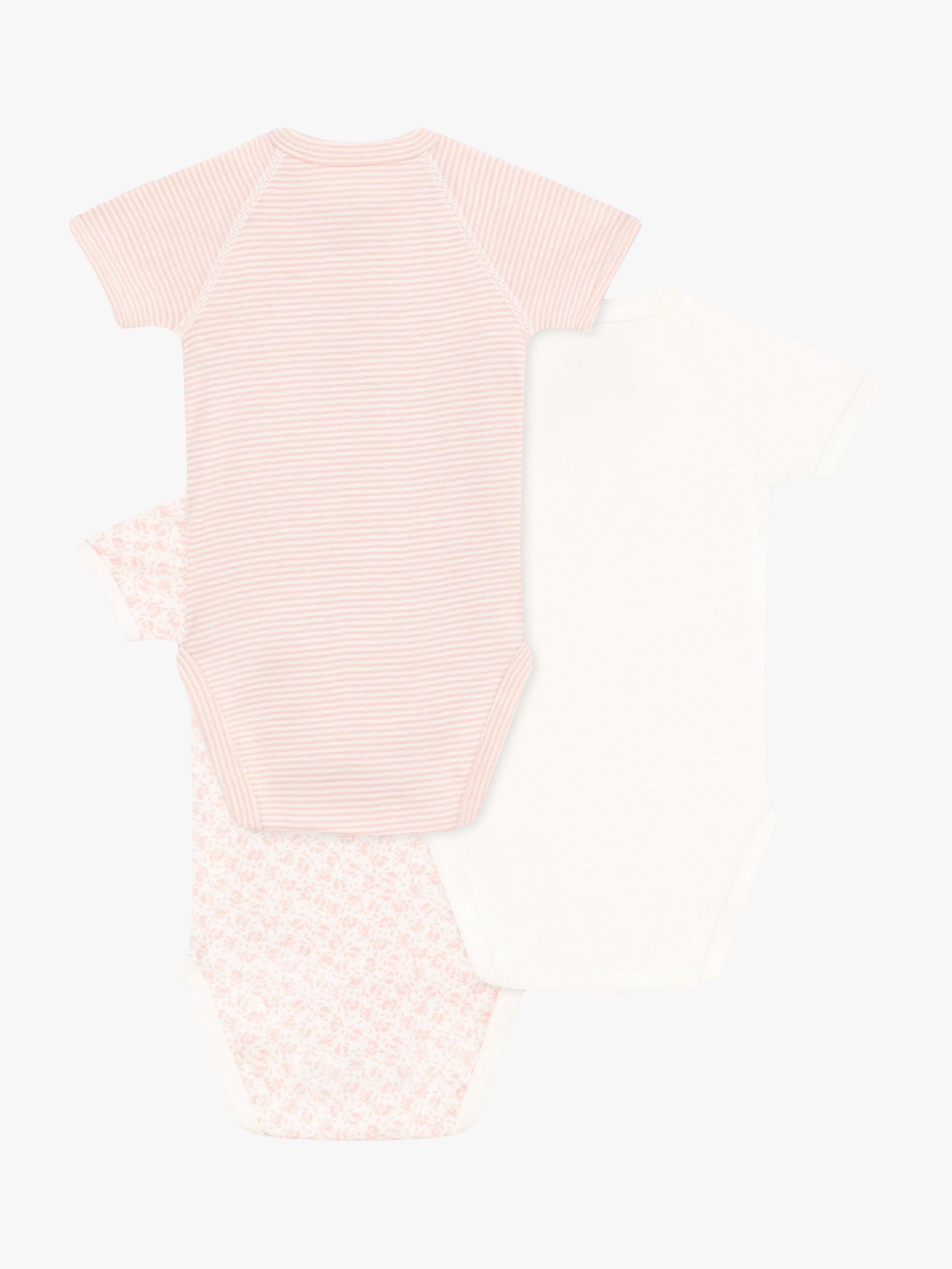 Product image 2 of 3, which shows Petit Bateau Baby Floral & Stripe Wrapover Short Sleeve Bodysuits, Pack of 3, Pink/Multi, 0-1M