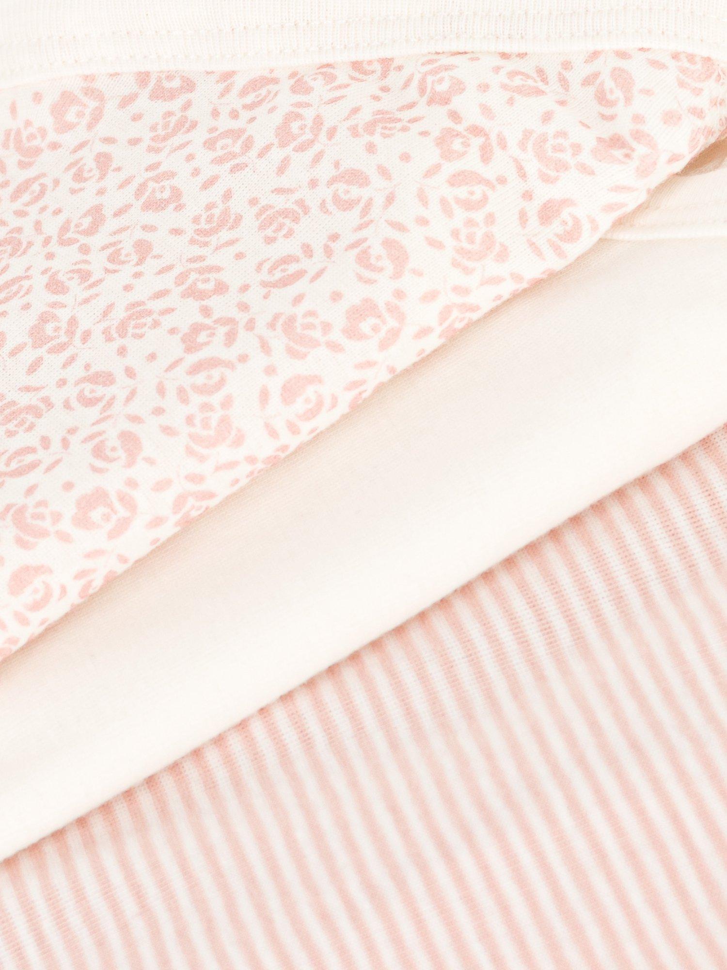 Product image 3 of 3, which shows Petit Bateau Baby Floral & Stripe Wrapover Short Sleeve Bodysuits, Pack of 3, Pink/Multi, 0-1M