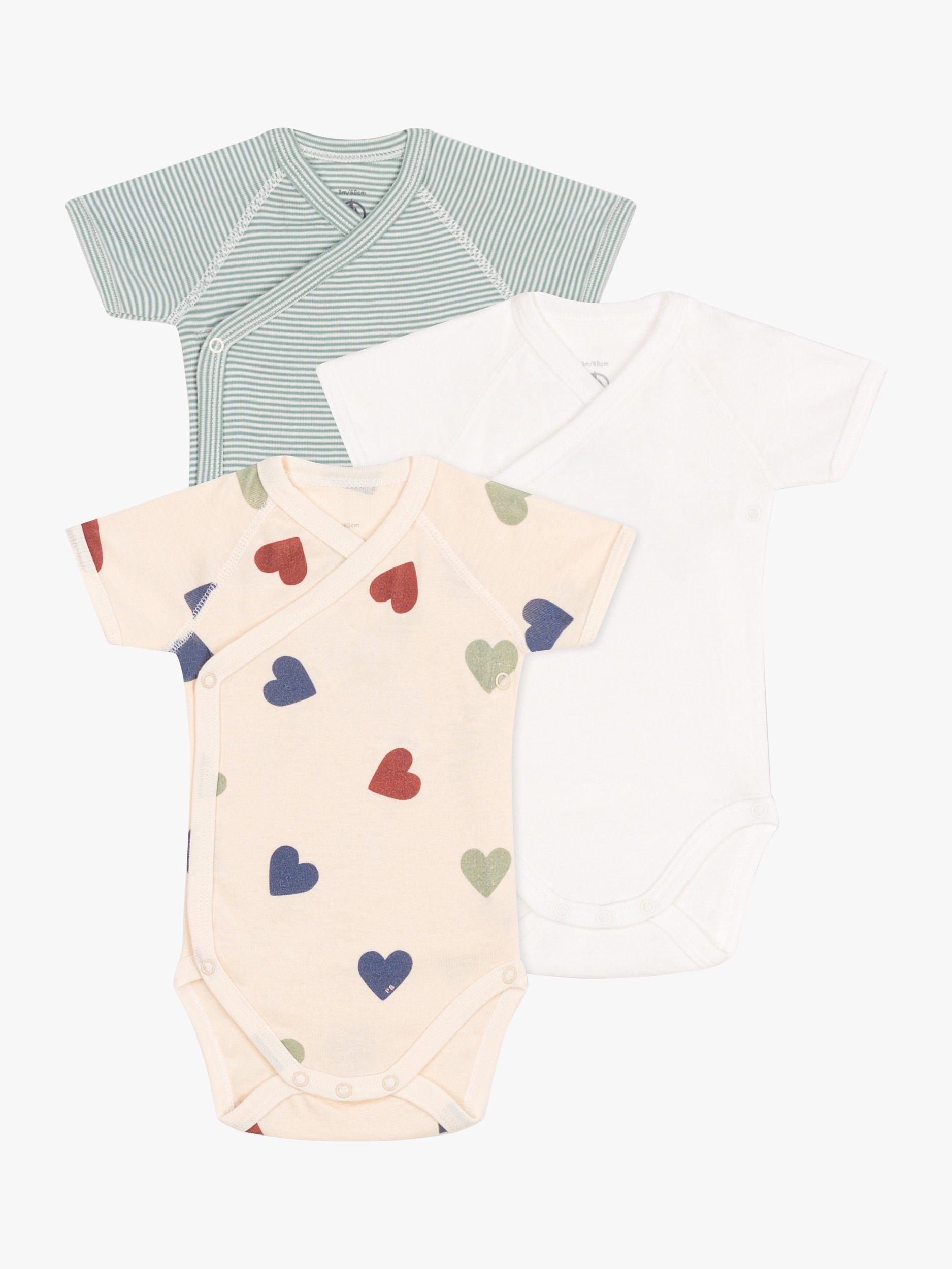 Petit Bateau Baby Heart/Stripe Wrapover Short Sleeve Bodysuits, Pack of 3, Green/Multi