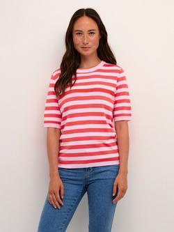 KAFFE Lizza Stripe Round Neck Jumper, Pink Mist/Cayenne