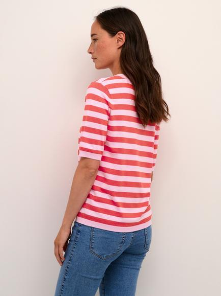 KAFFE Lizza Stripe Round Neck Jumper - view 2, Pink Mist/Cayenne