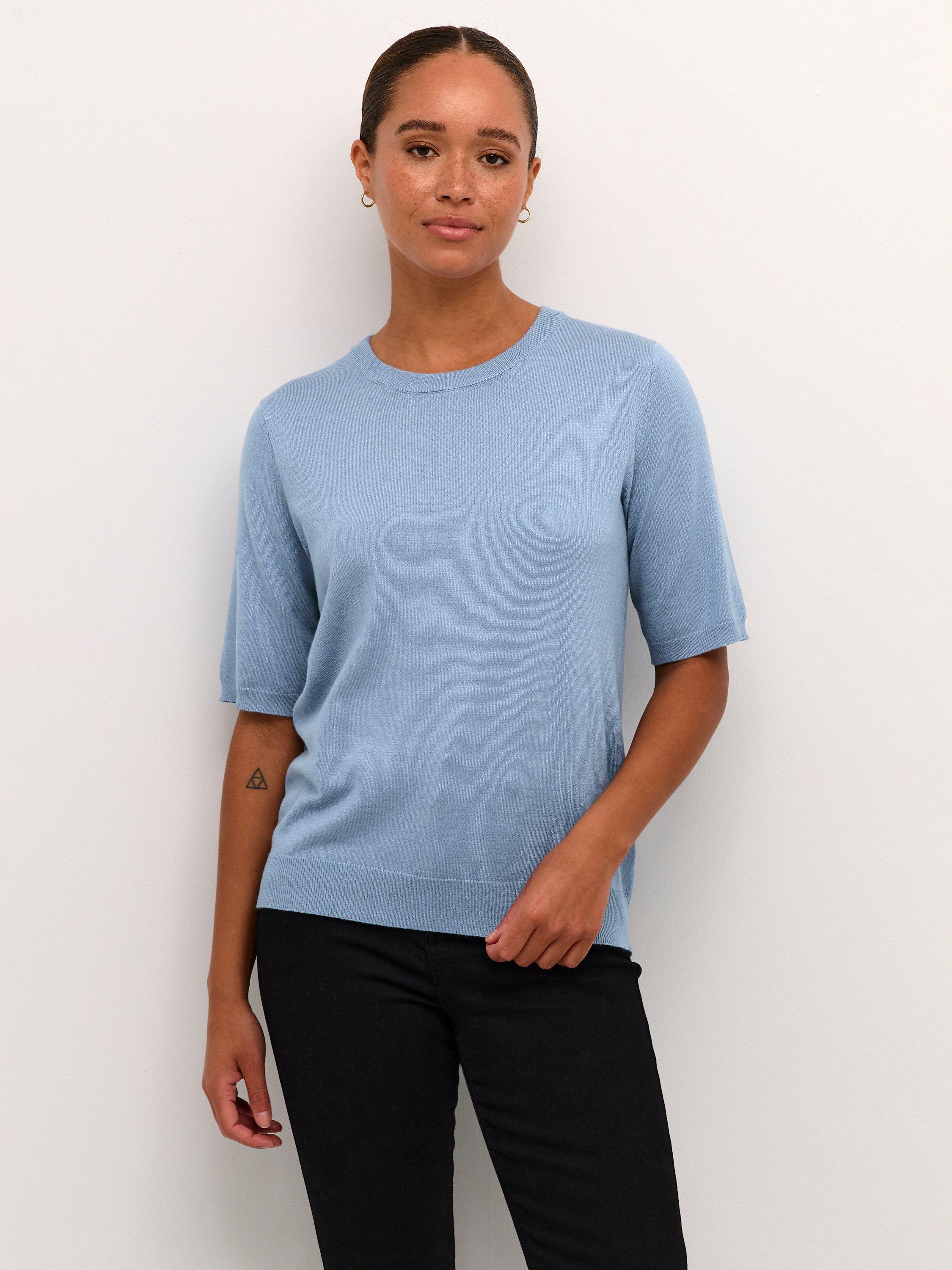 Product image 1 of 6, which shows KAFFE Lizza Short Sleeve Knitted Jumper, Faded Denim, XS