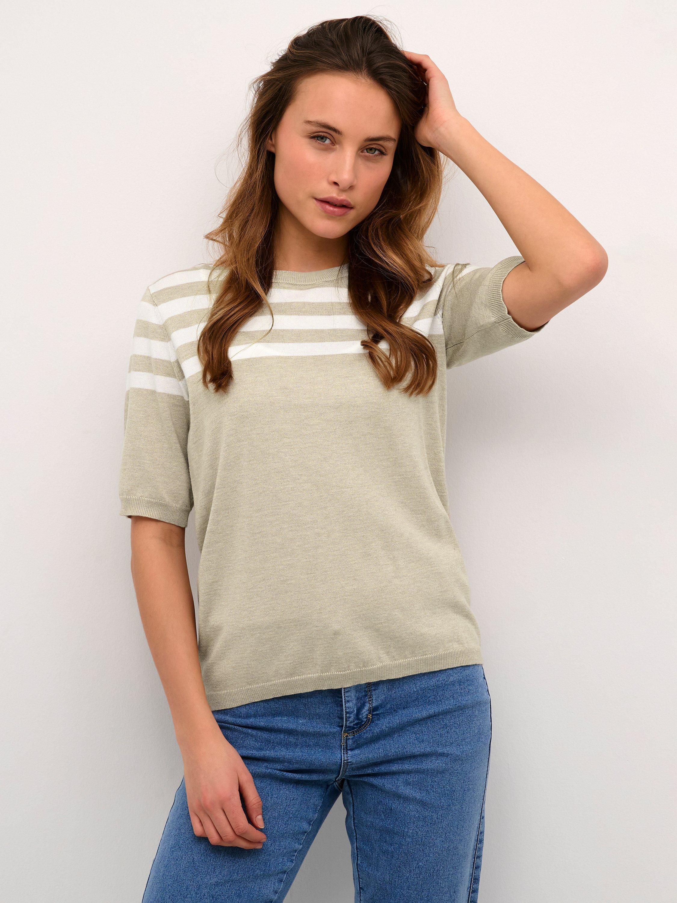 KAFFE Milo Stripe Short Sleeve Jumper, Sand Melange/Chalk, XS