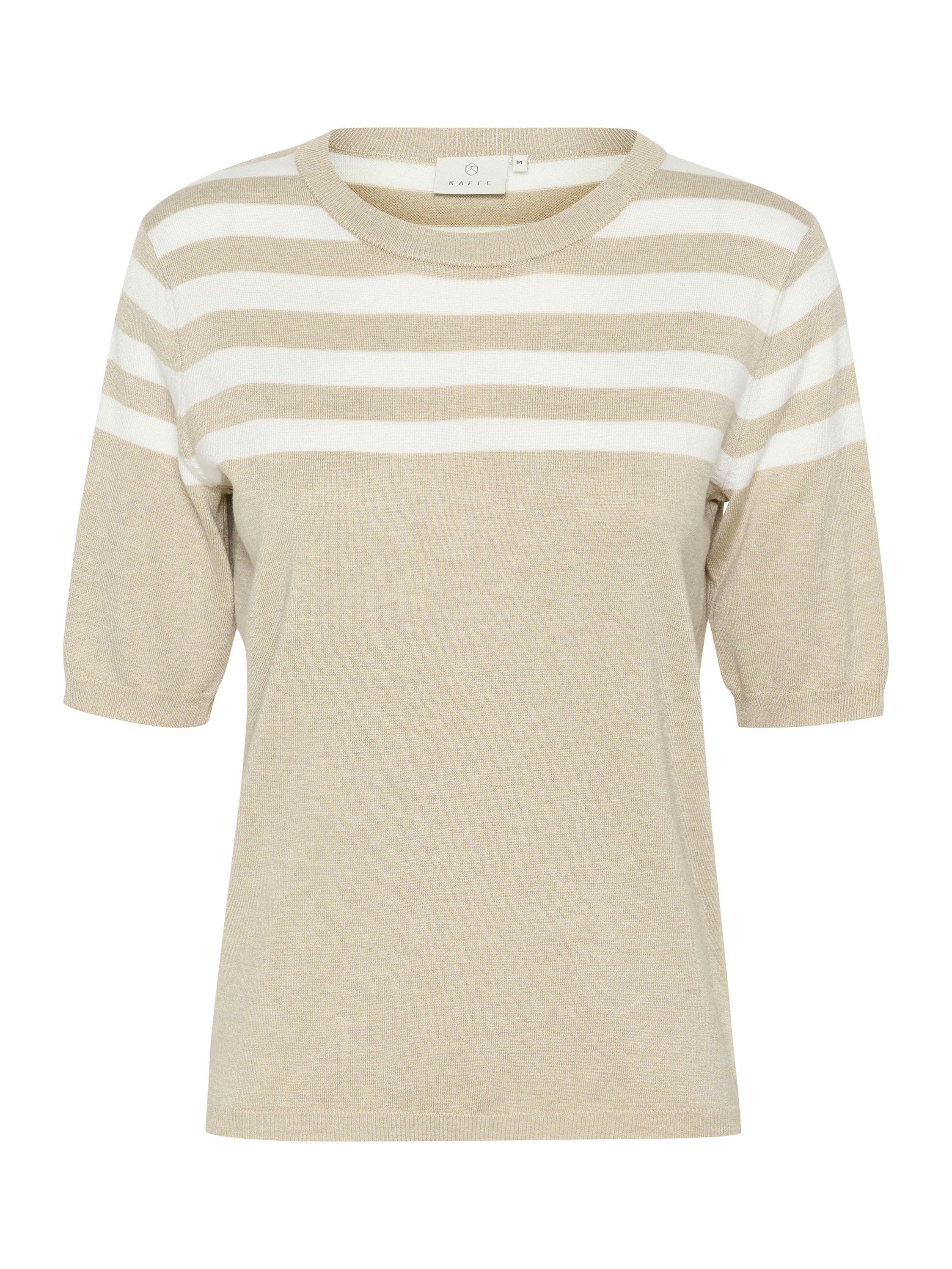 KAFFE Milo Stripe Short Sleeve Jumper, Sand Melange/Chalk, XS