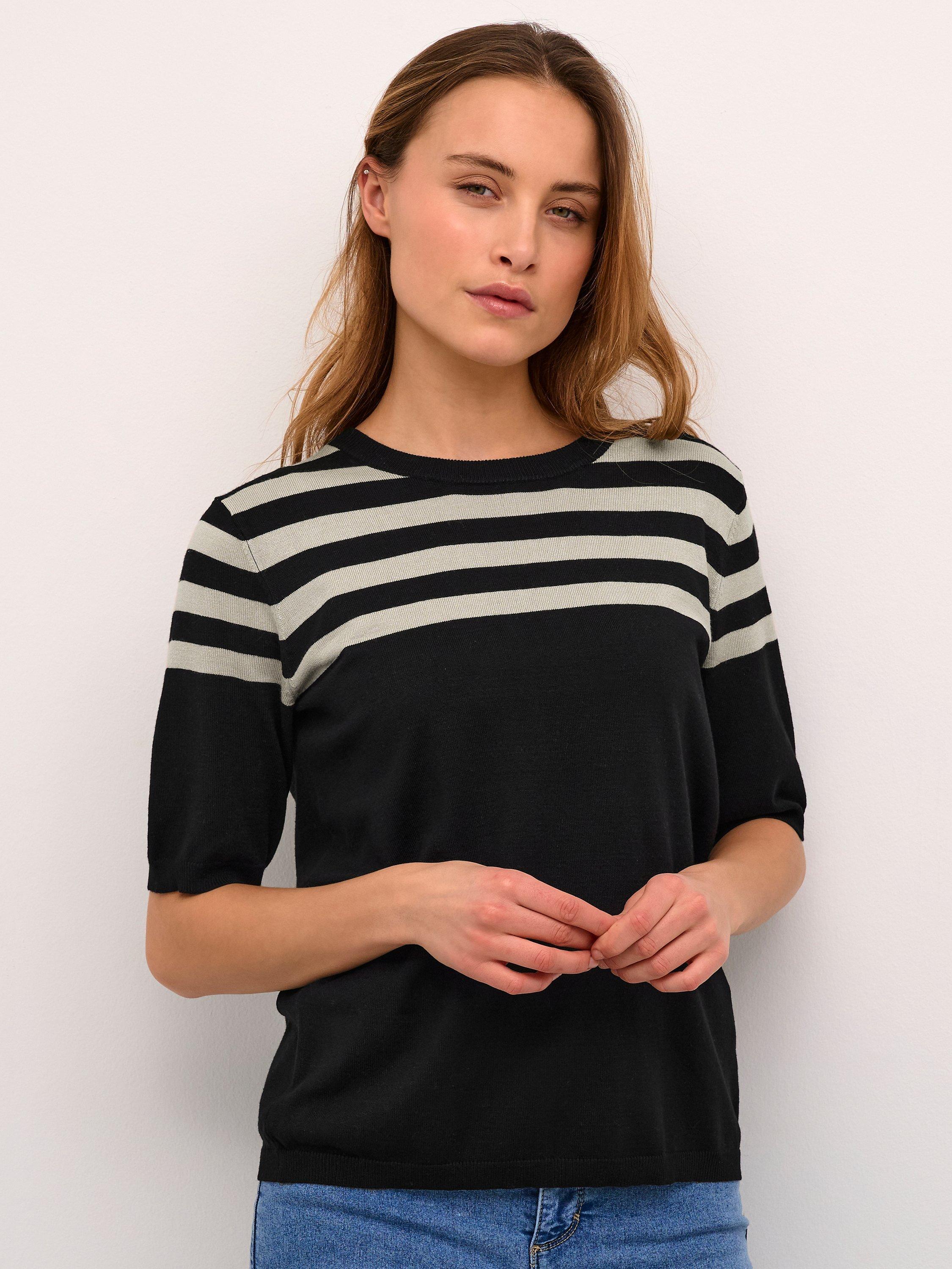 Product image 1 of 6, which shows KAFFE Milo Short Sleeve Knit Top, Black/Feather, S