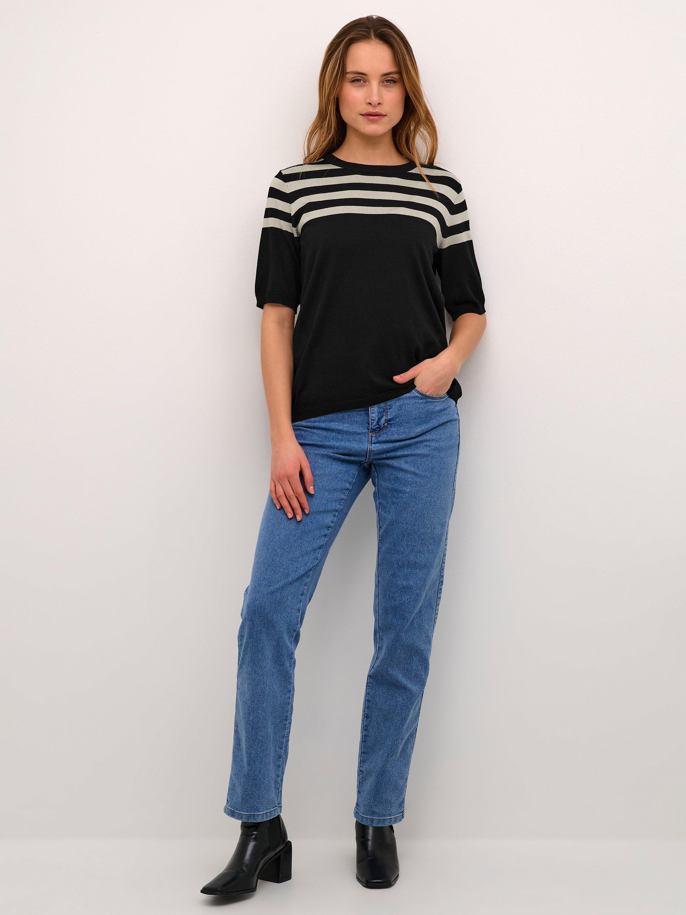 Product image 3 of 6, which shows KAFFE Milo Short Sleeve Knit Top, Black/Feather, S