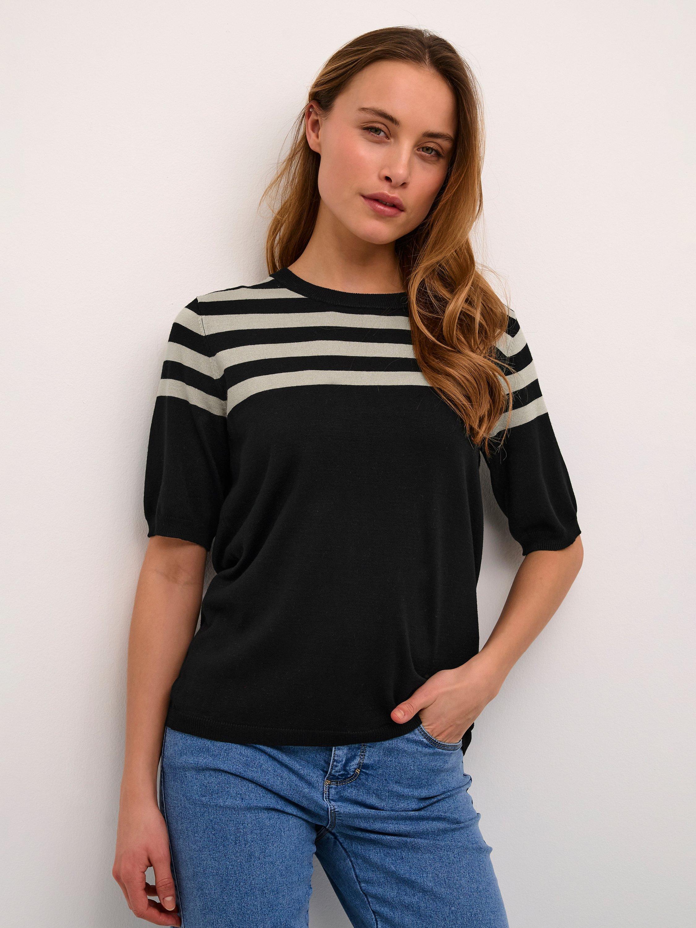 Product image 4 of 6, which shows KAFFE Milo Short Sleeve Knit Top, Black/Feather, S