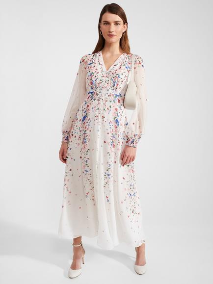 Hobbs Petite Asher Silk Maxi Dress, Ivory/Multi, Ivory/Multi