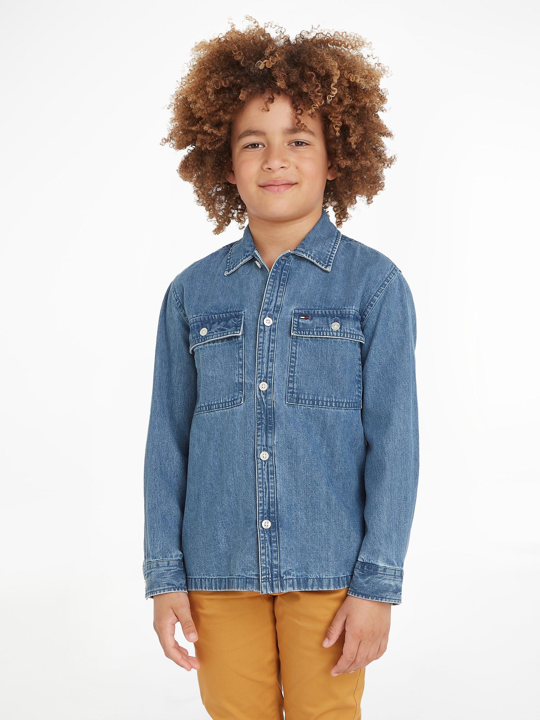 Tommy Hilfiger Kids' Soft Denim Long Sleeve Shirt, Denim Mid Wash