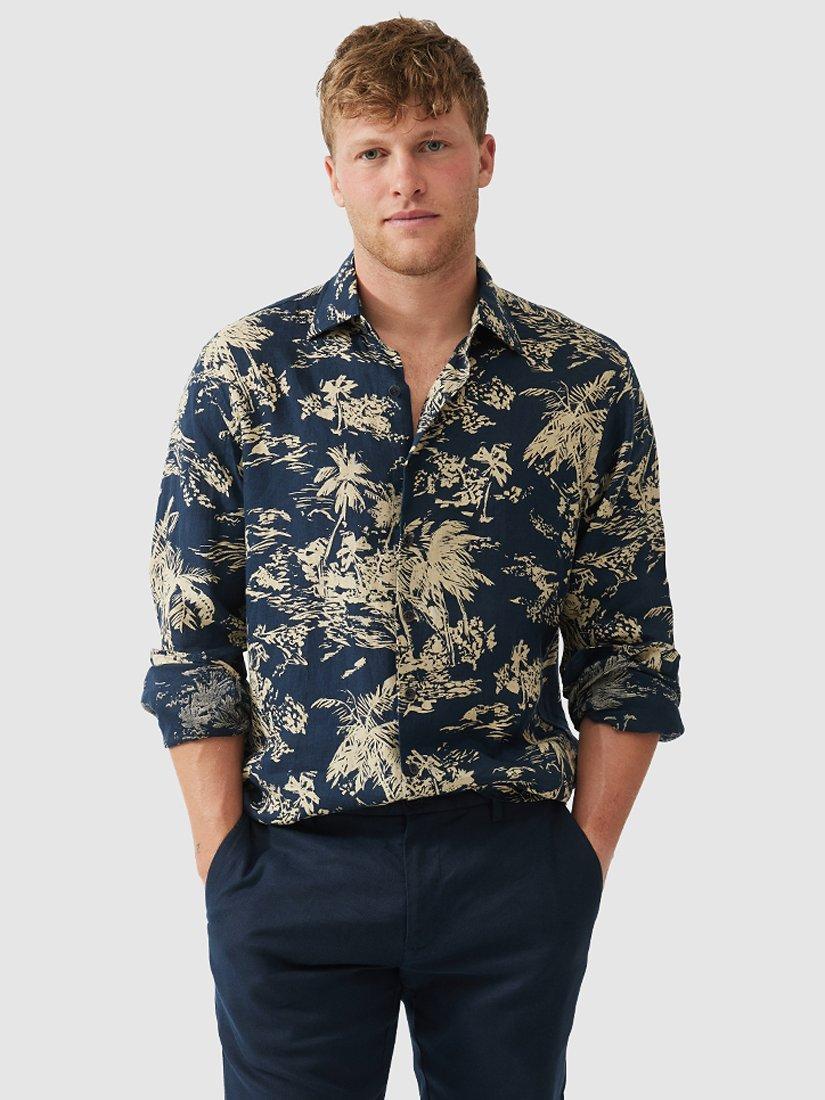 Product image 1 of 5, which shows Rodd & Gunn Livingstone Printed Linen Regular Fit Long Sleeve Shirt, Midnight Sand, XS