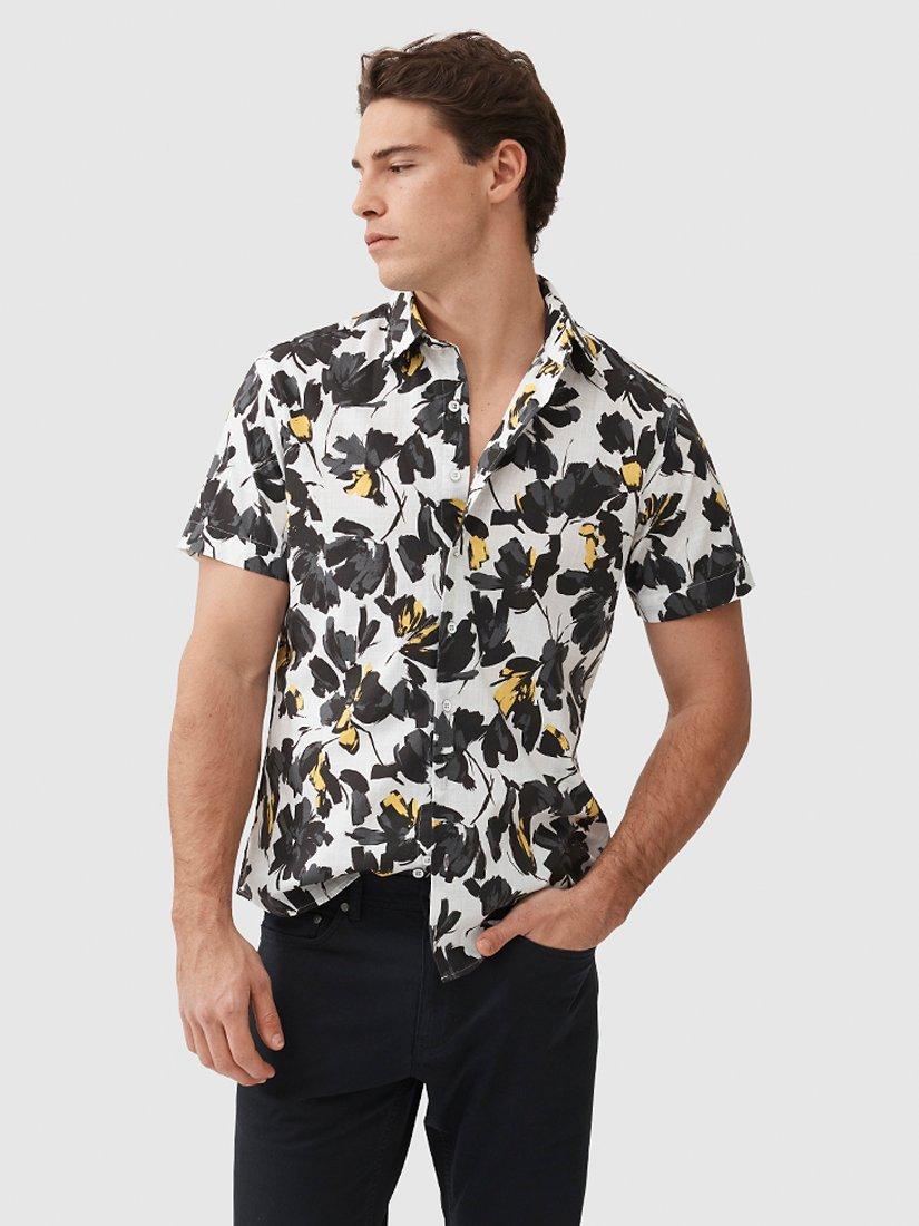 Product image 1 of 4, which shows Rodd & Gunn Newcastle Printed Cotton Slim Fit Short Sleeve Shirt, Charcoal, L