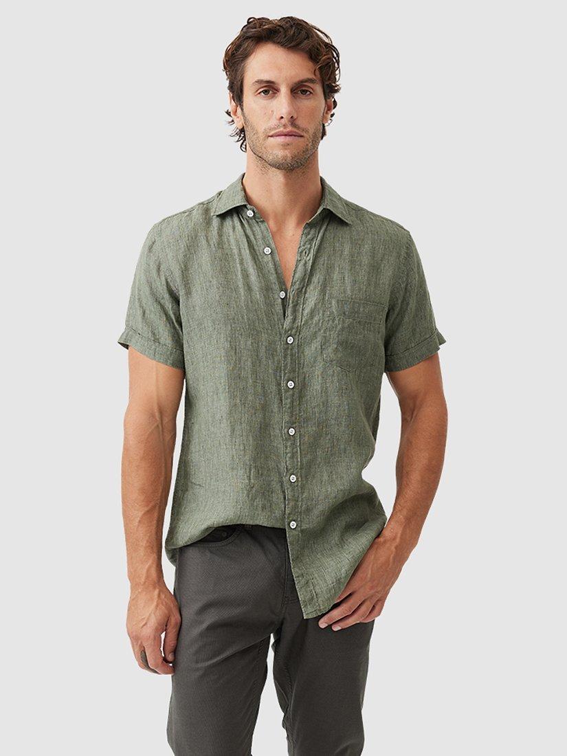 Product image 1 of 5, which shows Rodd & Gunn Palm Beach Linen Slim Fit Short Sleeve Shirt, Kelp, XS