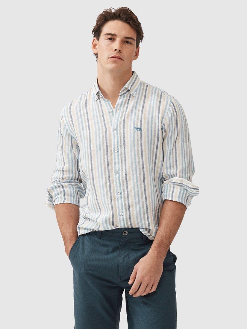 Product image 1 of 5, which shows Rodd & Gunn Gimmerburn Linen Slim Fit Long Sleeve Stripe Shirt, Washed Teal, L