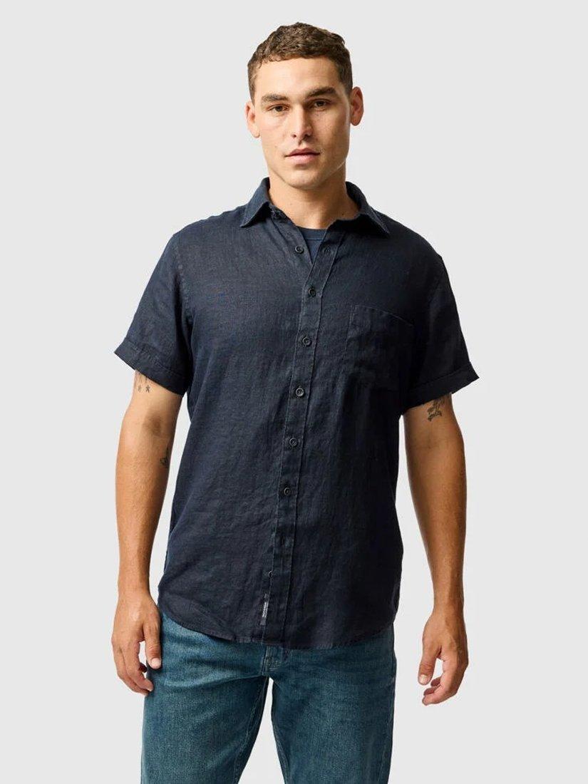 Product image 1 of 6, which shows Rodd & Gunn Palm Beach Linen Slim Fit Short Sleeve Shirt, Midnight, XS