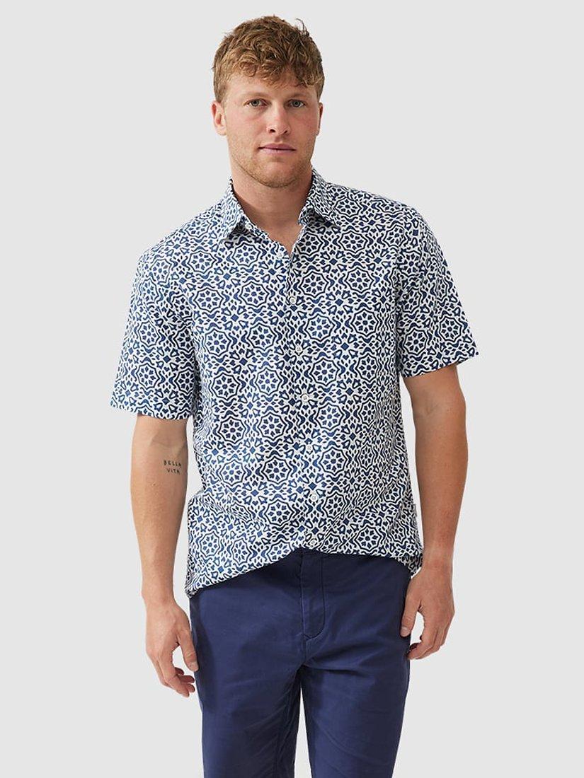 Rodd & Gunn Becksley Linen Blend Regular Fit Short Sleeve Shirt, Porcelain/Navy