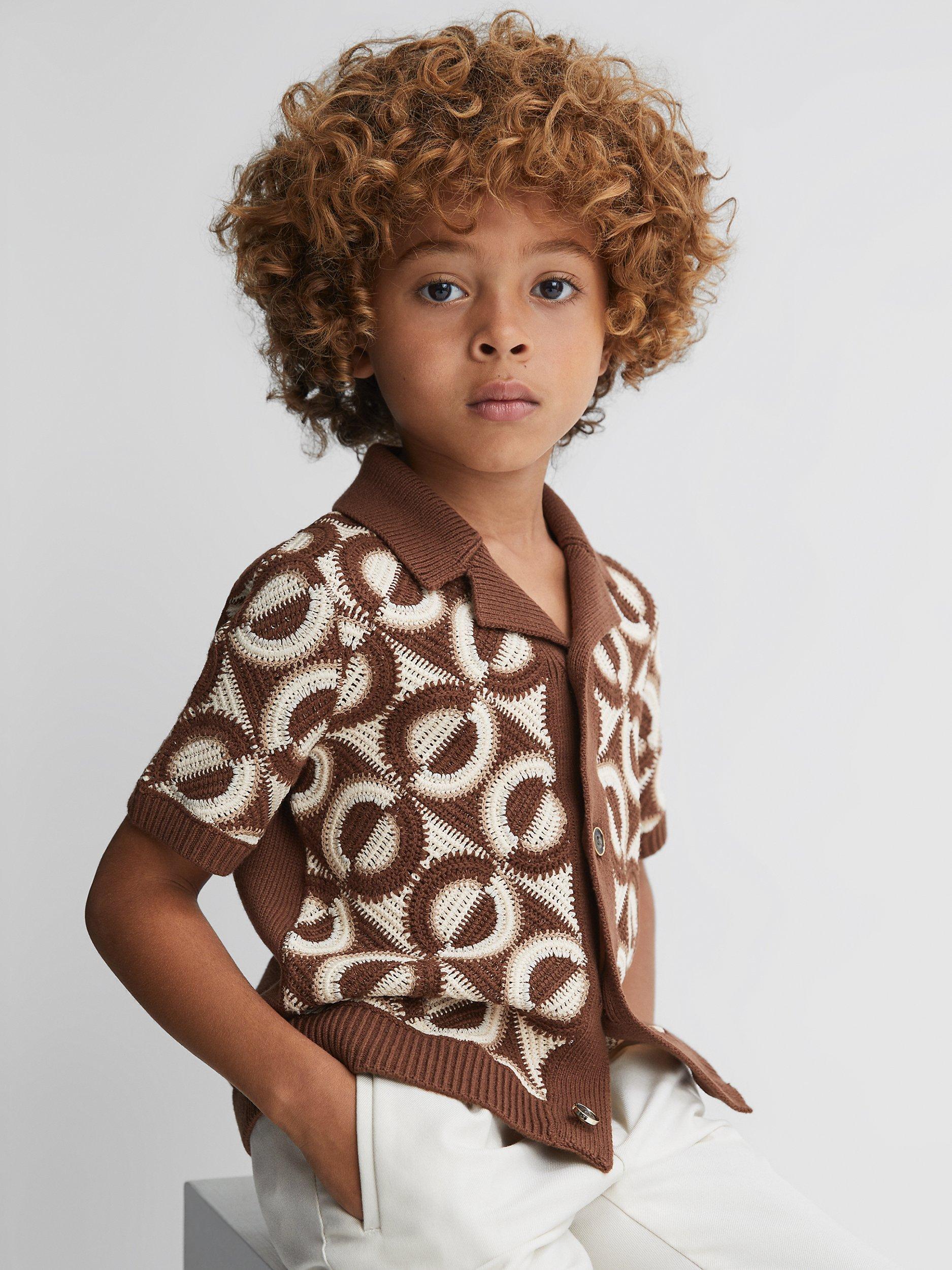 Reiss Kids' Frenchie Geometric Knit Cuban Collar Shirt, Tobacco