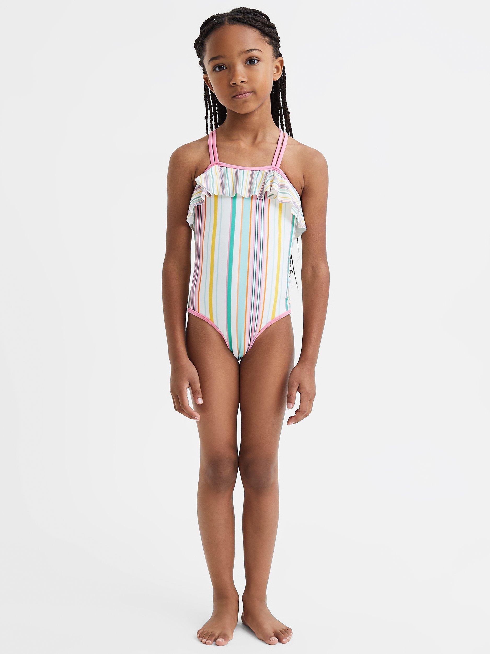 Reiss Kids' Cora Stripe Ruffle Swimsuit, Multi