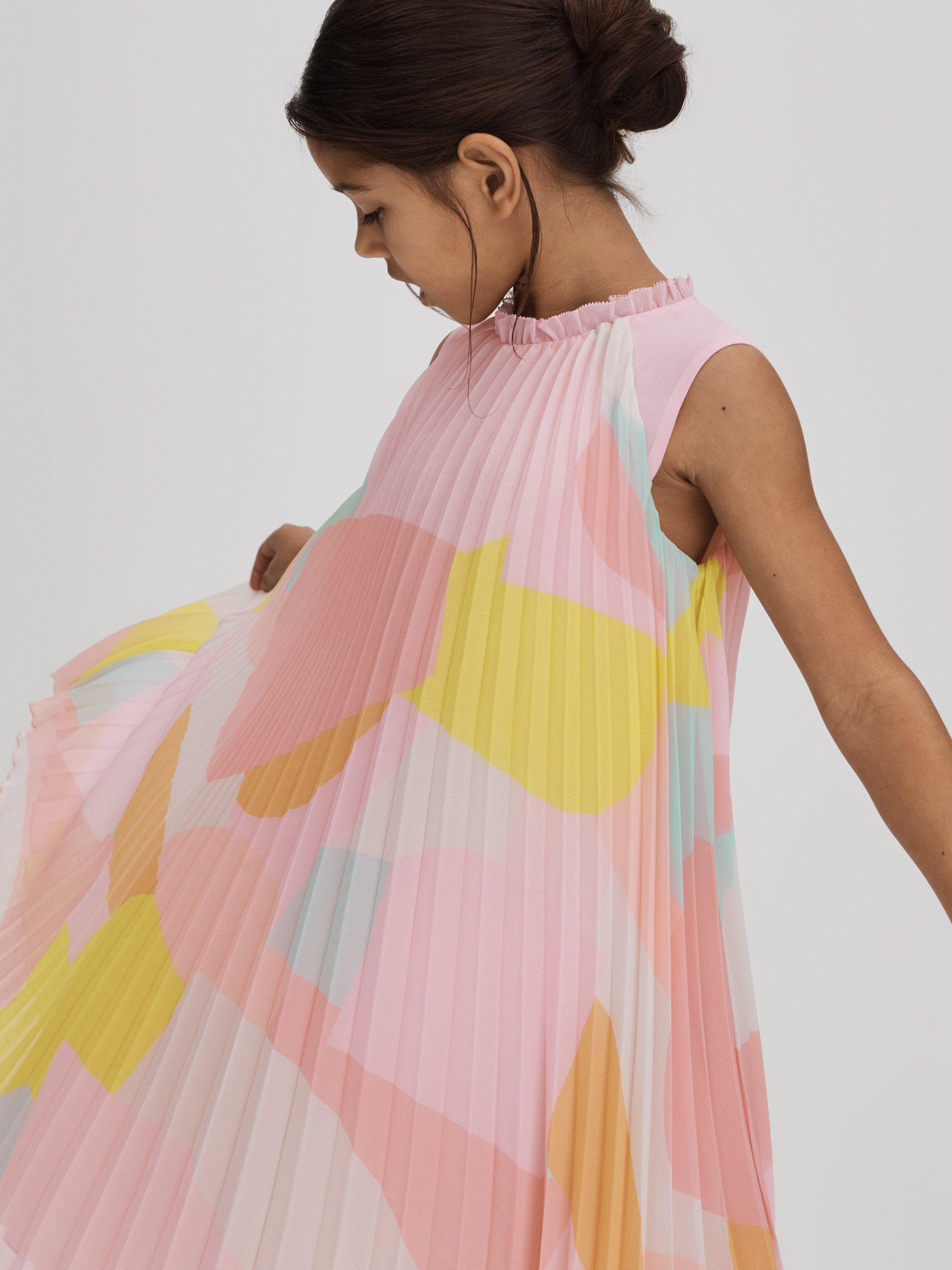 Reiss Kids' Pixie Abstract Print Ruffle Pleated Dress, Pink/Multi