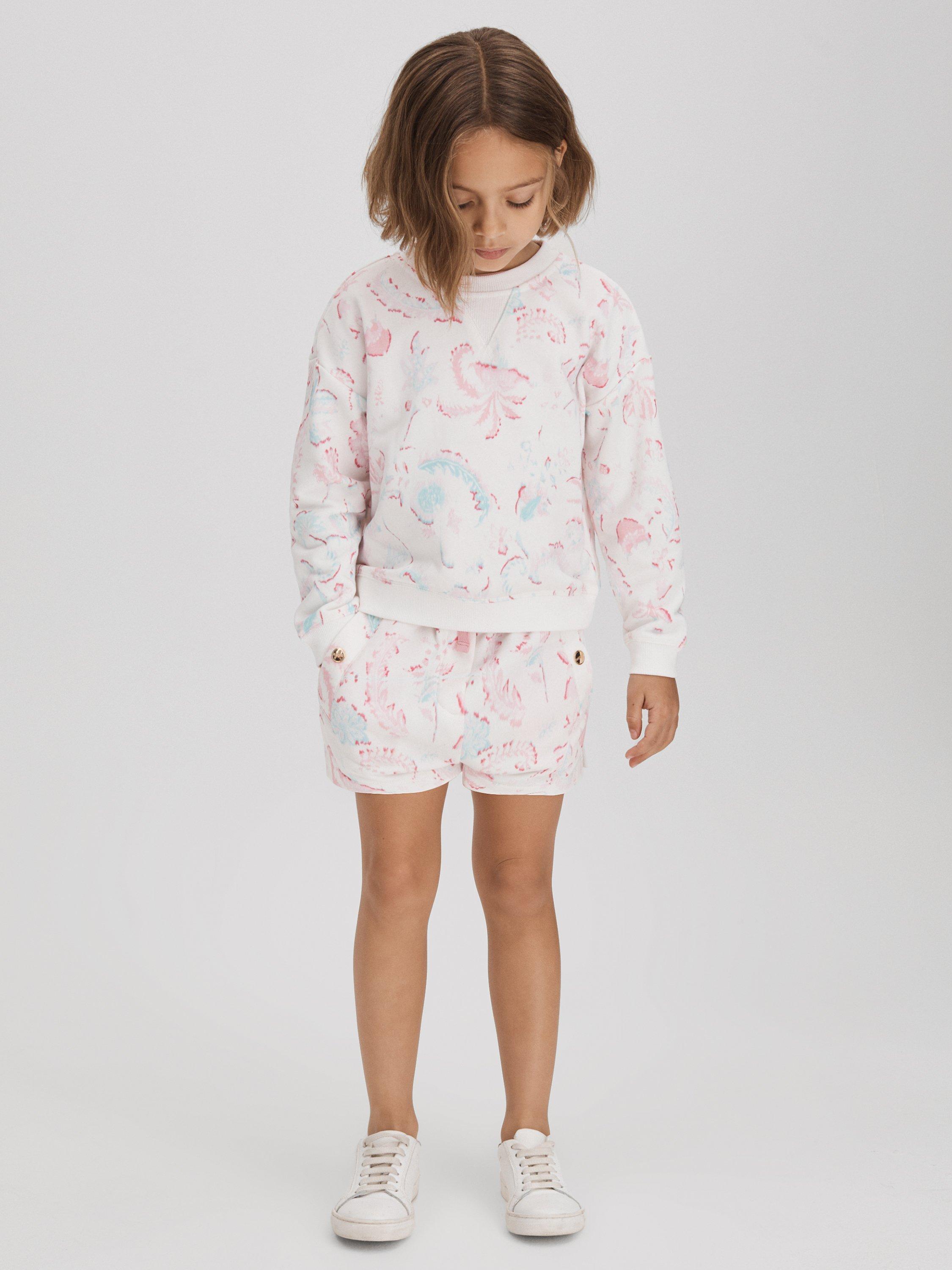 Product image 1 of 5, which shows Reiss Kids' Jessie Floral Print Sweatshirt & Shorts Set, Pink/Multi, 11-12Y