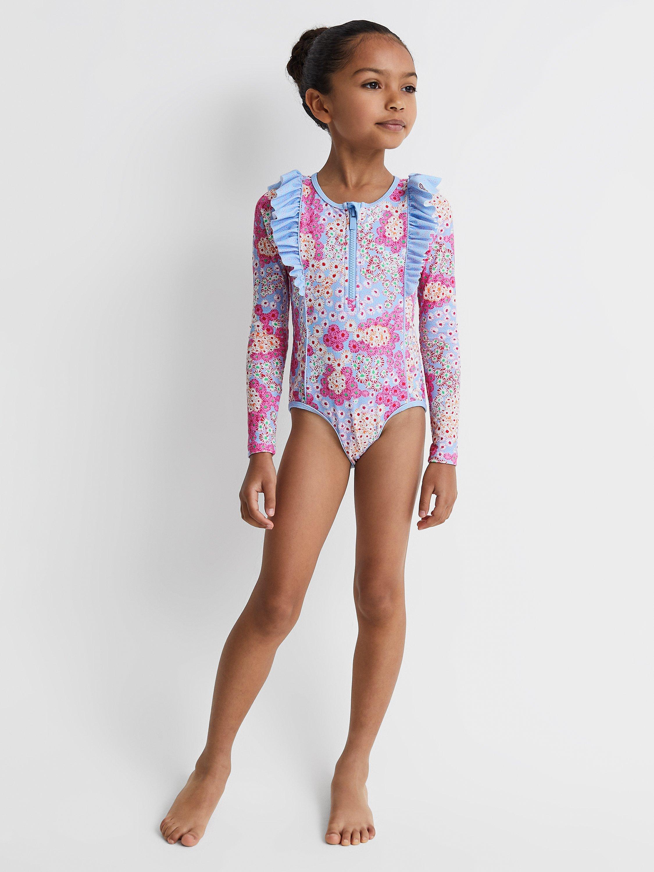 Reiss Kids Poppy Floral Print Ruffle Sunsafe Swimsuit Pink Multi