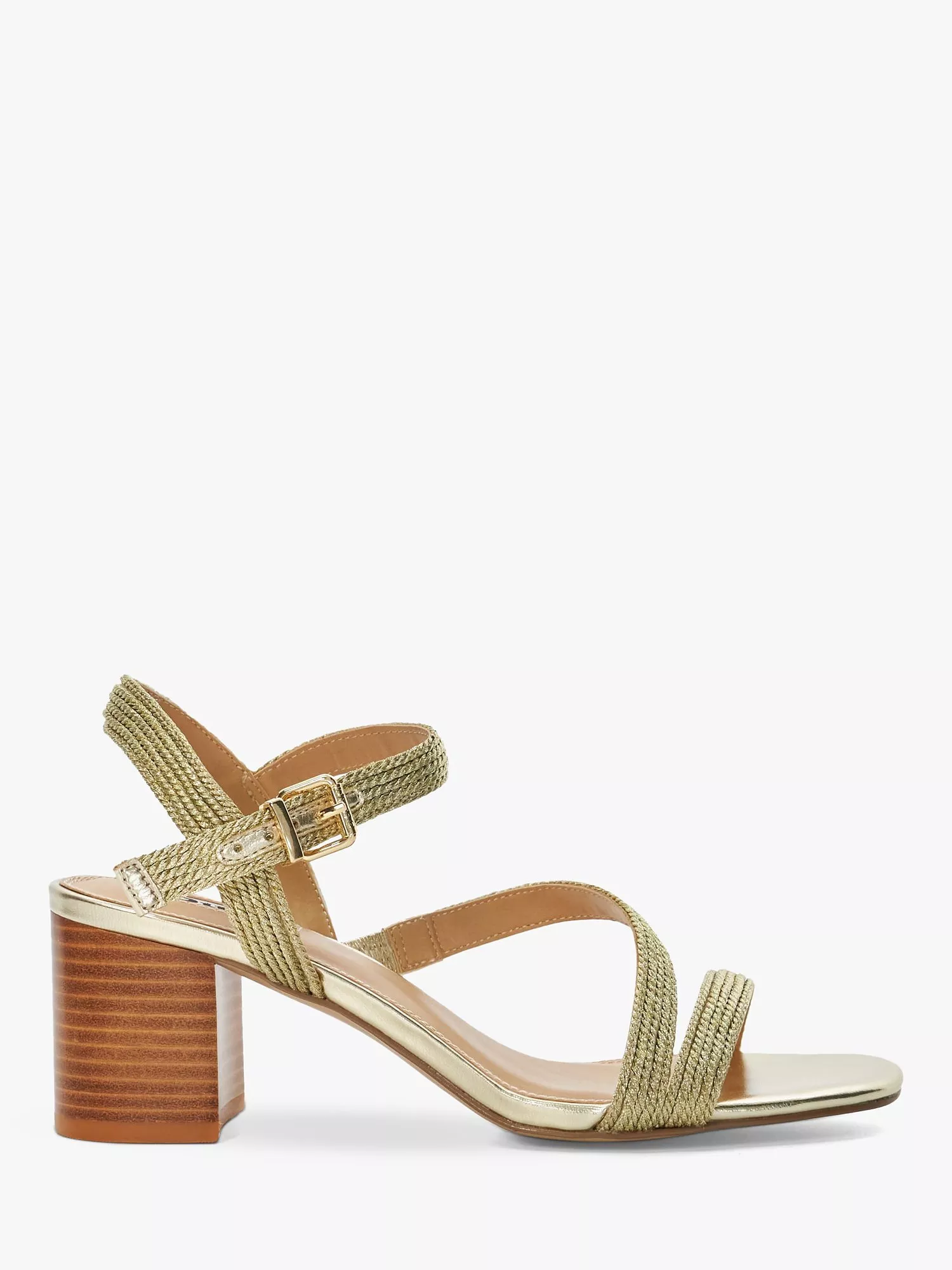 Dune Jelen Fabric Block Heel Sandals Gold