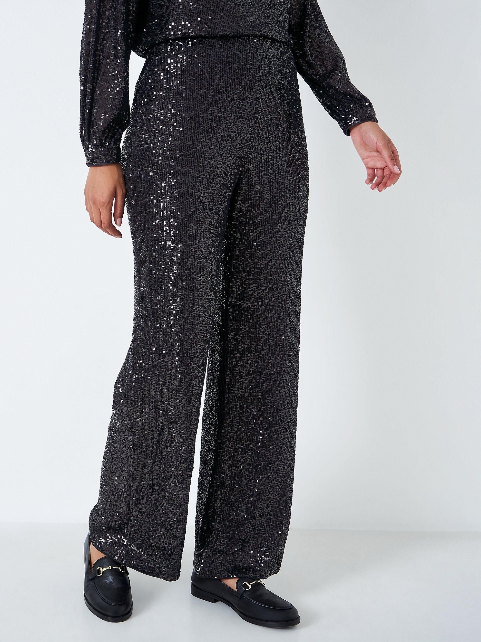 Crew Clothing Eve Sequin Wide Leg Trousers, Black