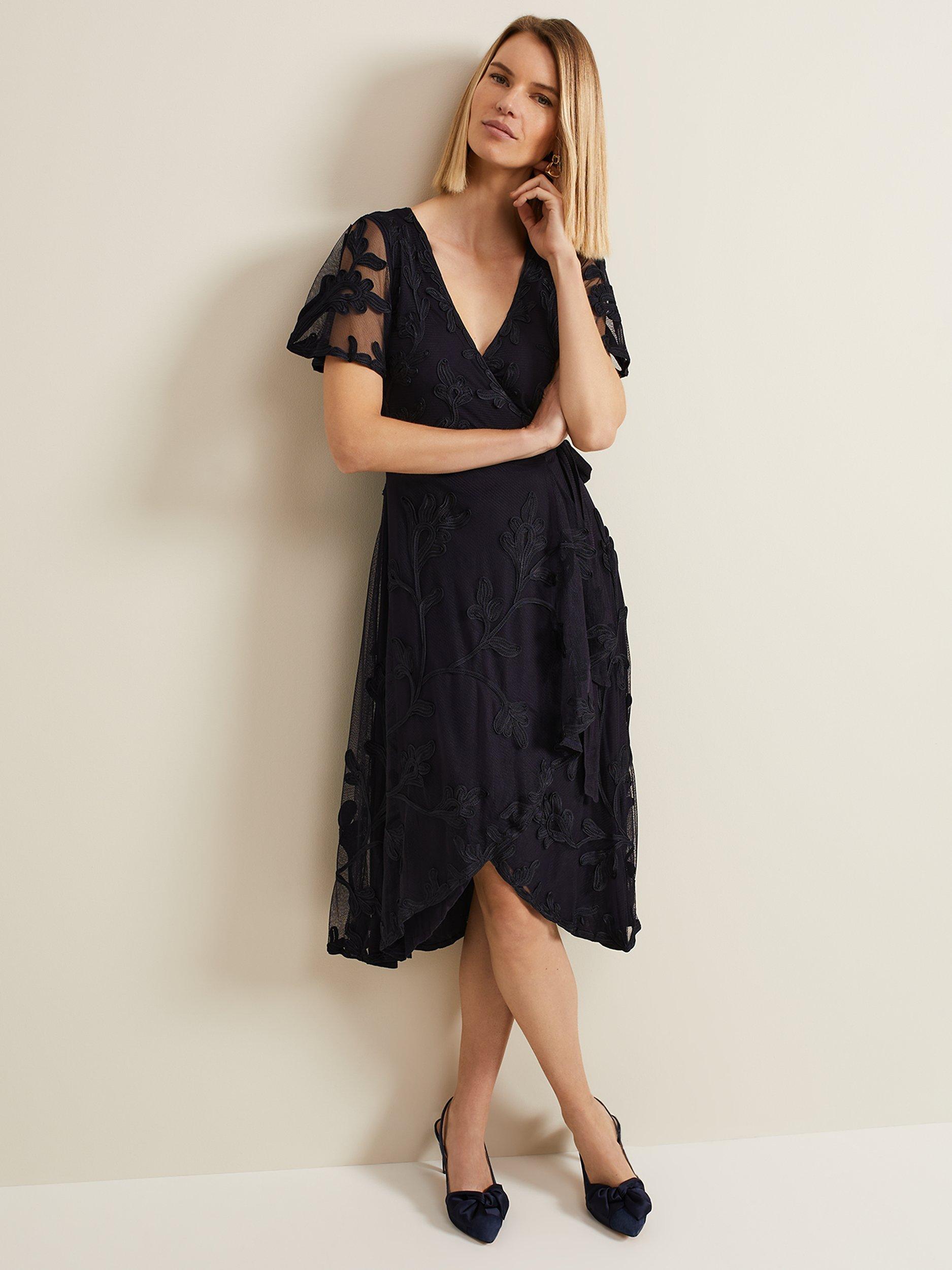 Product image 1 of 7, which shows Phase Eight Clara Tapework Wrap Midi Dress, Navy, 8